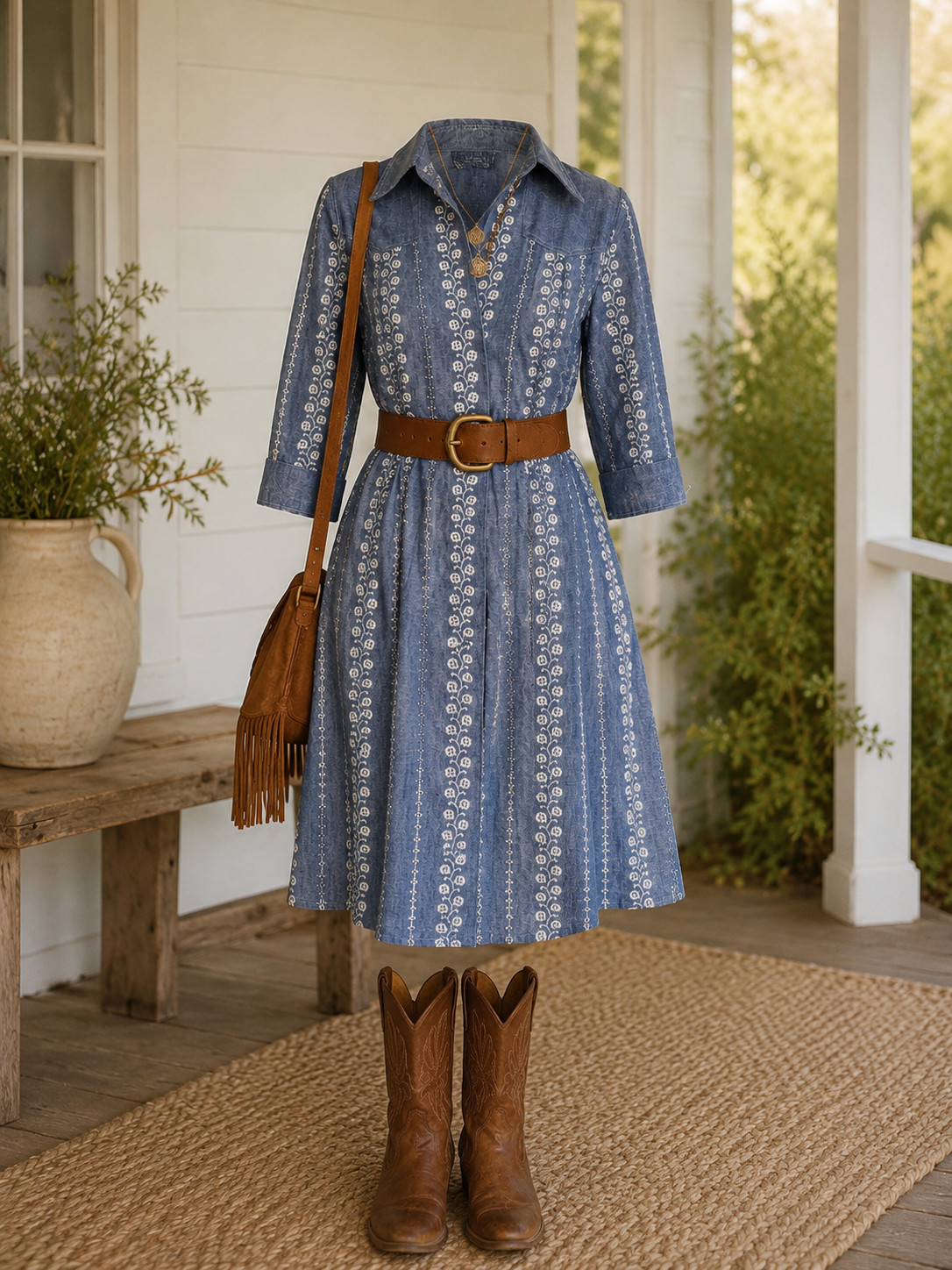 Vintage 1970s Mignon Sports Paris New York Embroidered Chambray Maxi Shirt Dress