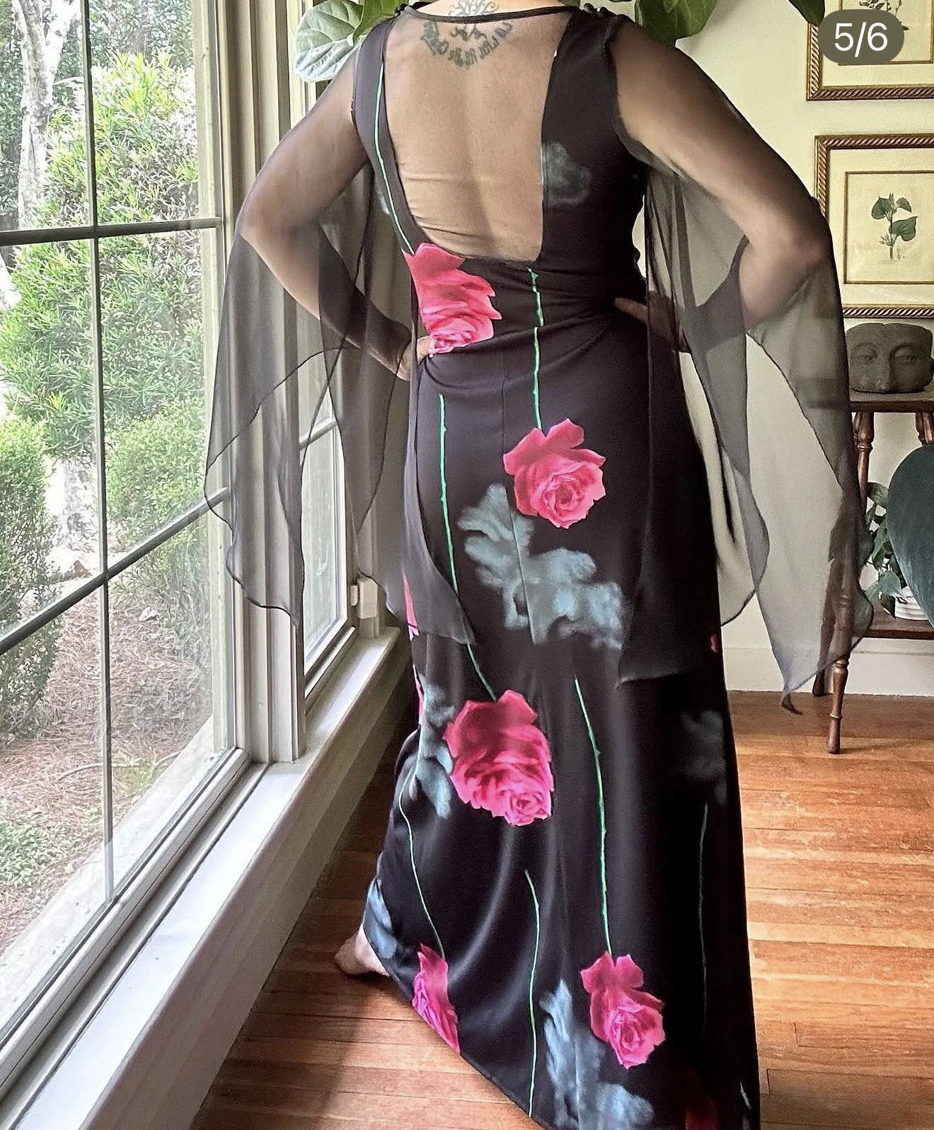 Glamorous Vintage 70s Black Roses Maxi Dress with Chiffon Angel Sleeves Size M/L