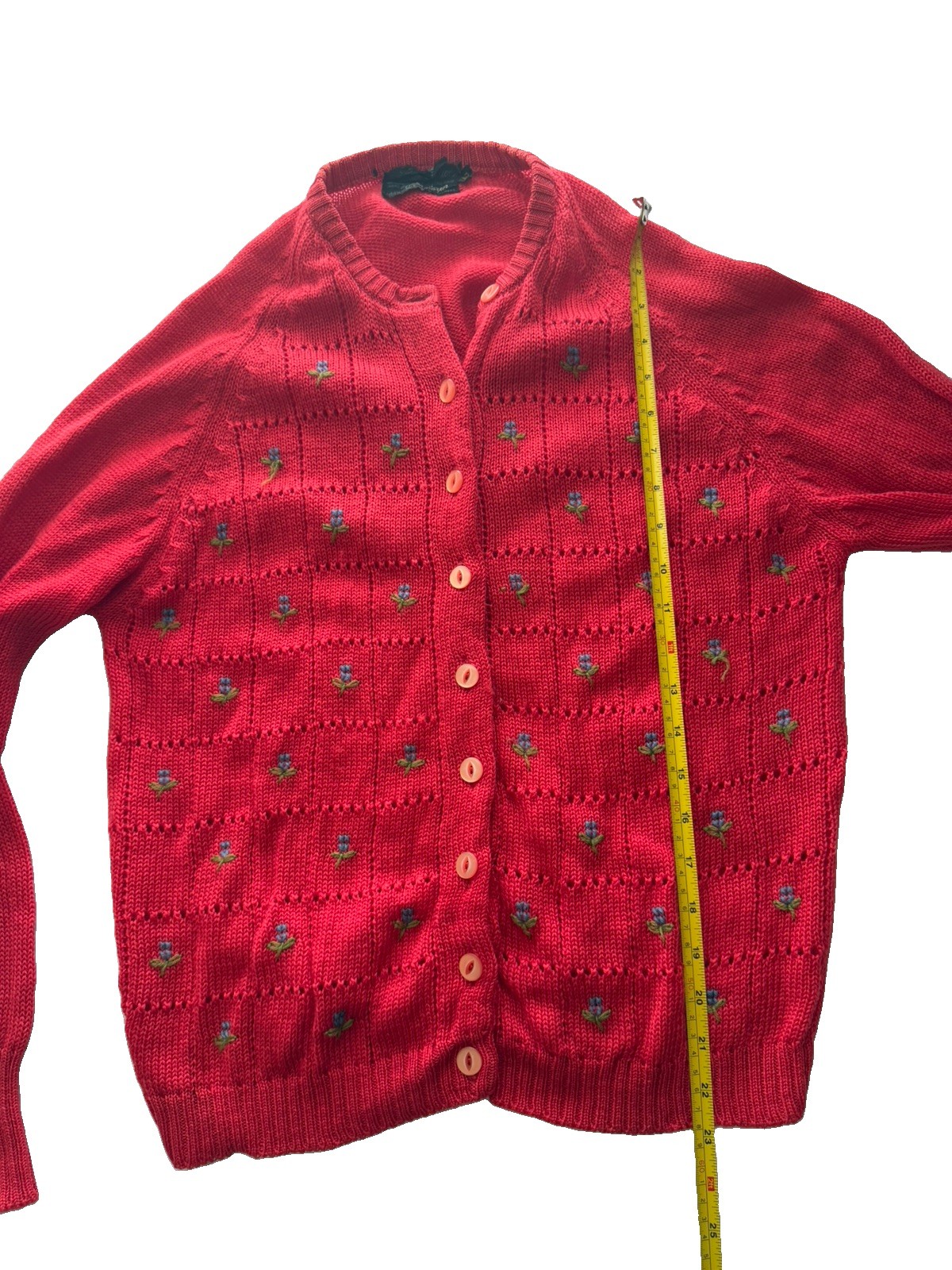 90s Vintage Embroidered Virgin Wool Floral Cardigan Red Large Cottage Grandma