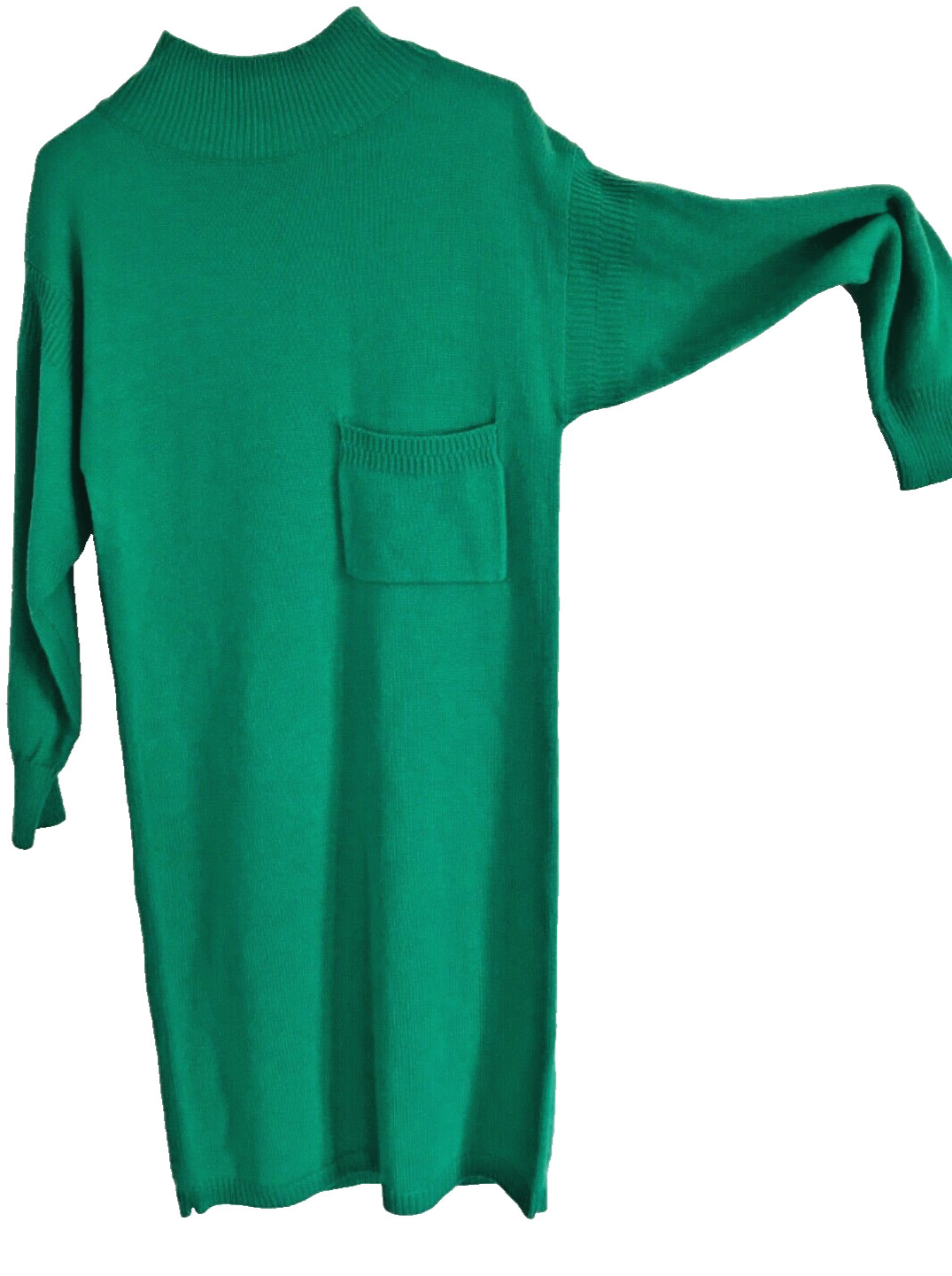 Vintage Green Felted Long Sleeve Dress, Midi Handmade Retro Collar