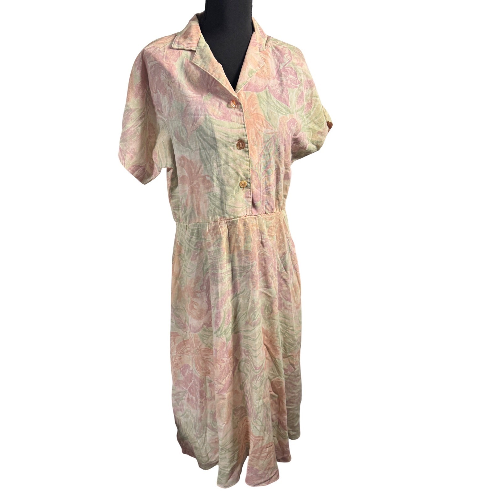 Stuart Alan Vintage Pastel Tropical Floral Shirt Dress Pink Green USA Made Midi