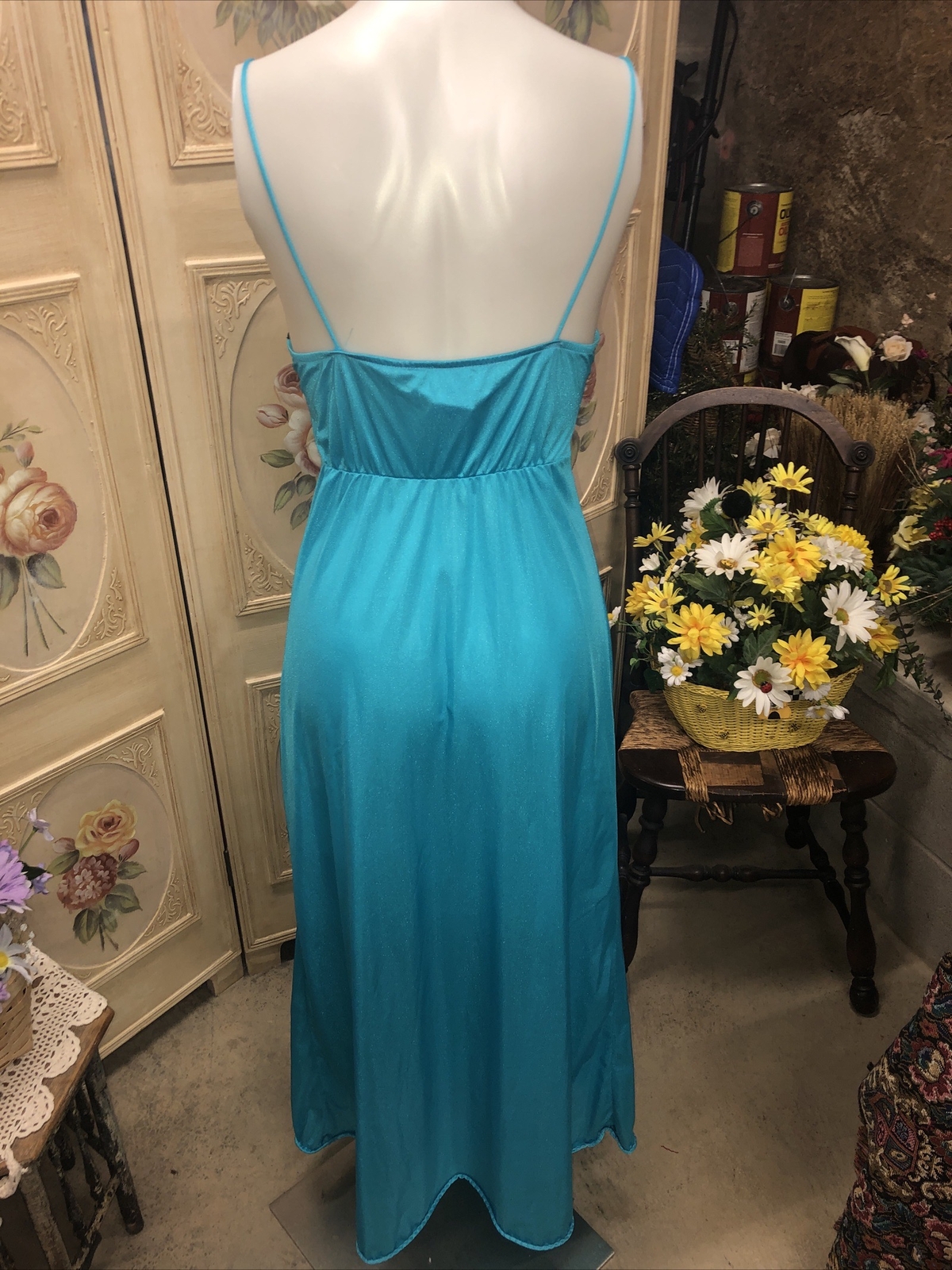 Vintage Long Teal And Black Sleeveless Nightgown S-M Petite
