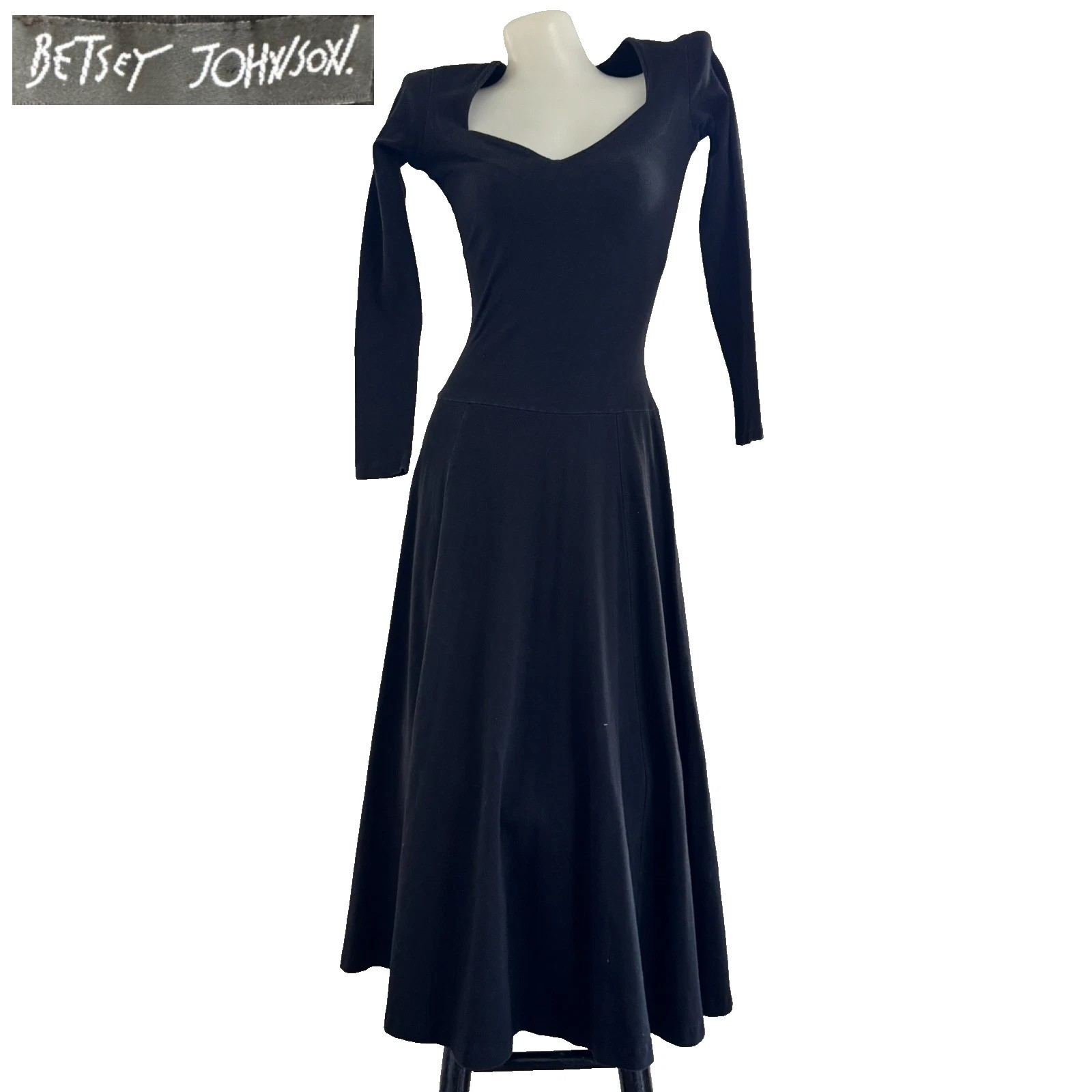 90s vtg BETSEY JOHNSON Lew Magram Black Long Sleeve Maxi Stretch Lycra Dress S
