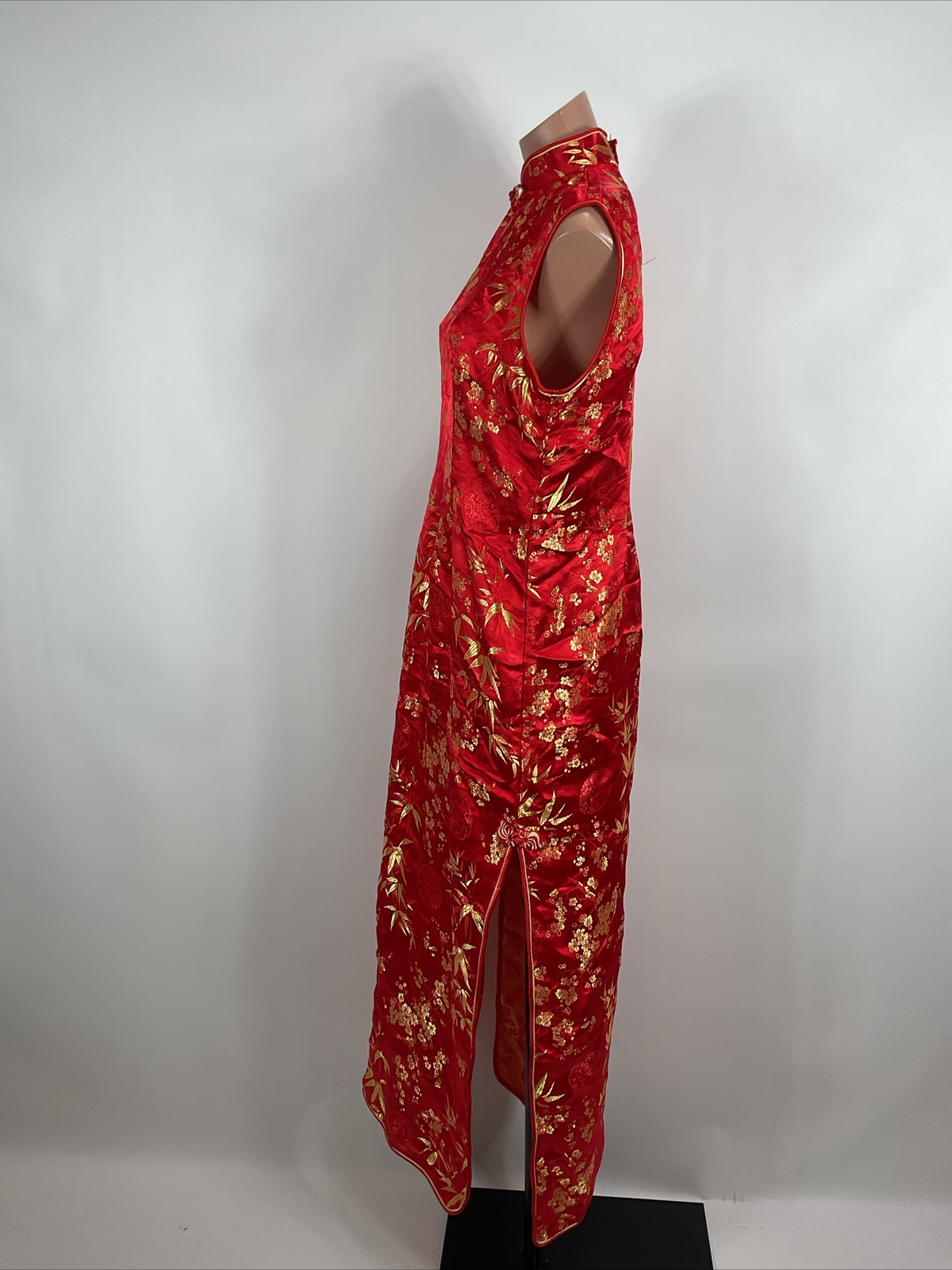 Asian Floral Cheongsam Vintage Dress Mandarin Collar Metallic Gold Red Sz 3xl PH
