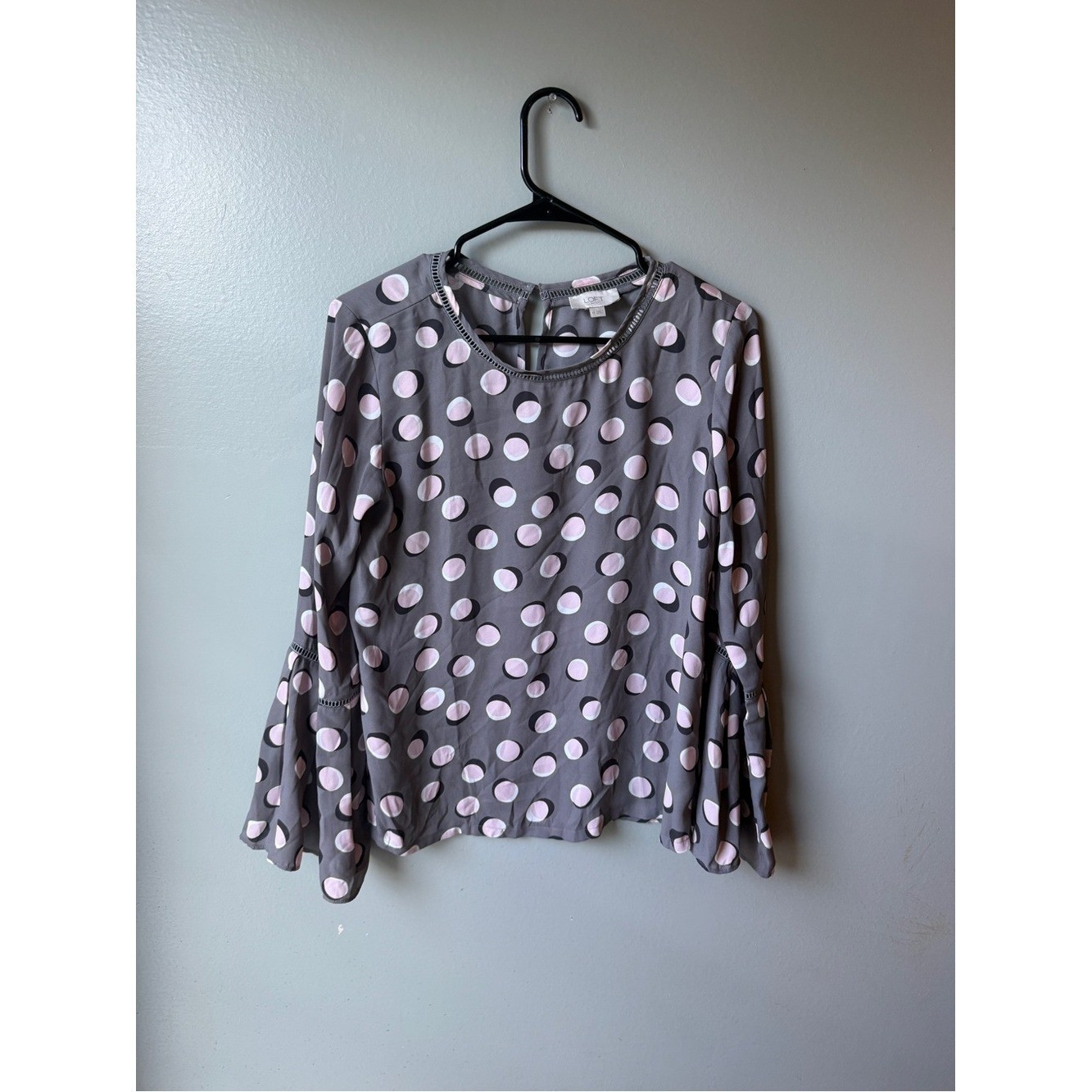 Gray Pink Polka Dot Bell Sleeve Blouse Boho Women’s XS