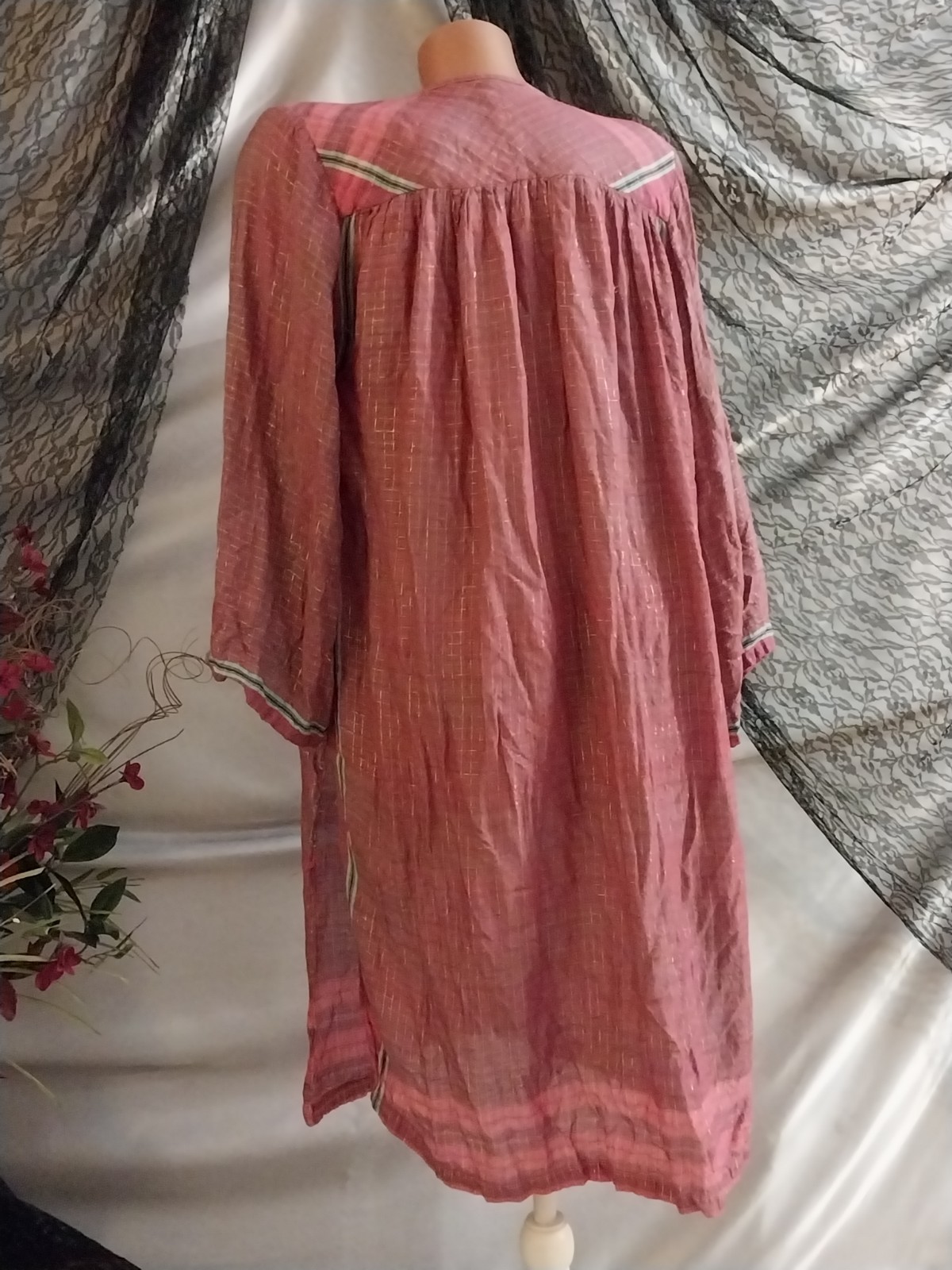 VTG india rayon lurex caftan boho hippie grunge pink gold blue dress 50″ GAUZE