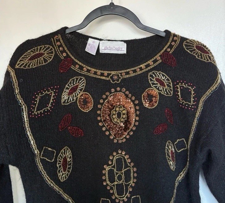 Gladys Bagley Vintage Beaded Sequin Sweater Black S 1980s