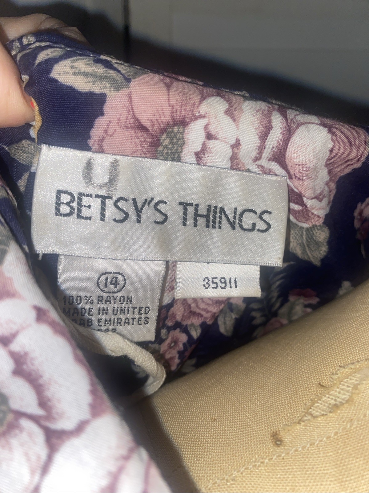 Vtg 80s Betsys Things Modest Cottagecore Navy Floral Rayon & Lace Midi Dress LRG