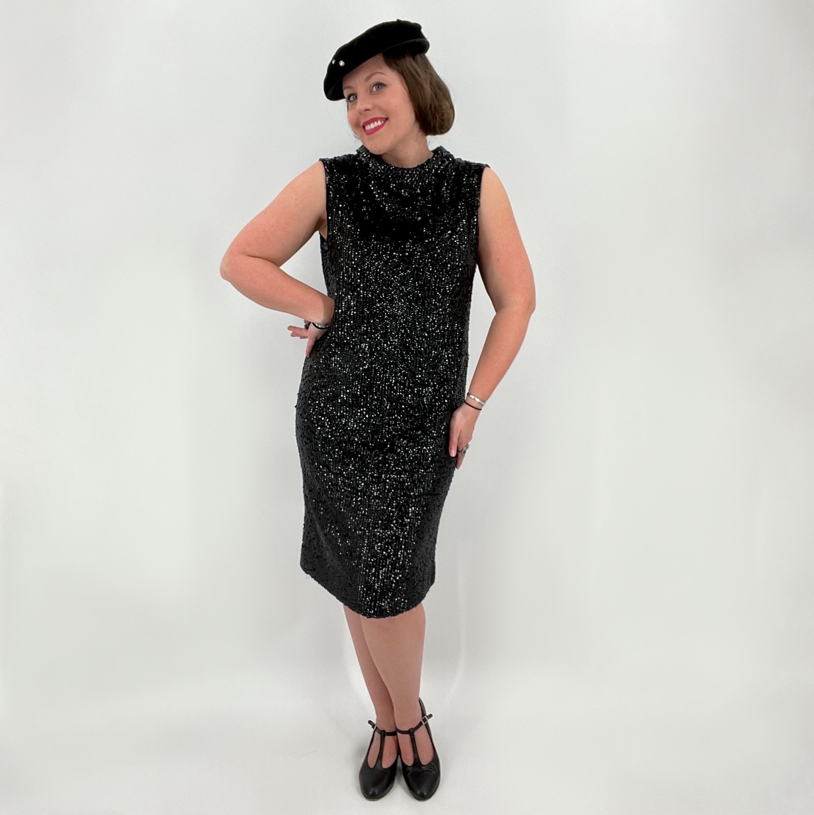 Vintage Valentina 60s Black Wool Sequin Sleeveless Shift Dress | Size L/XL