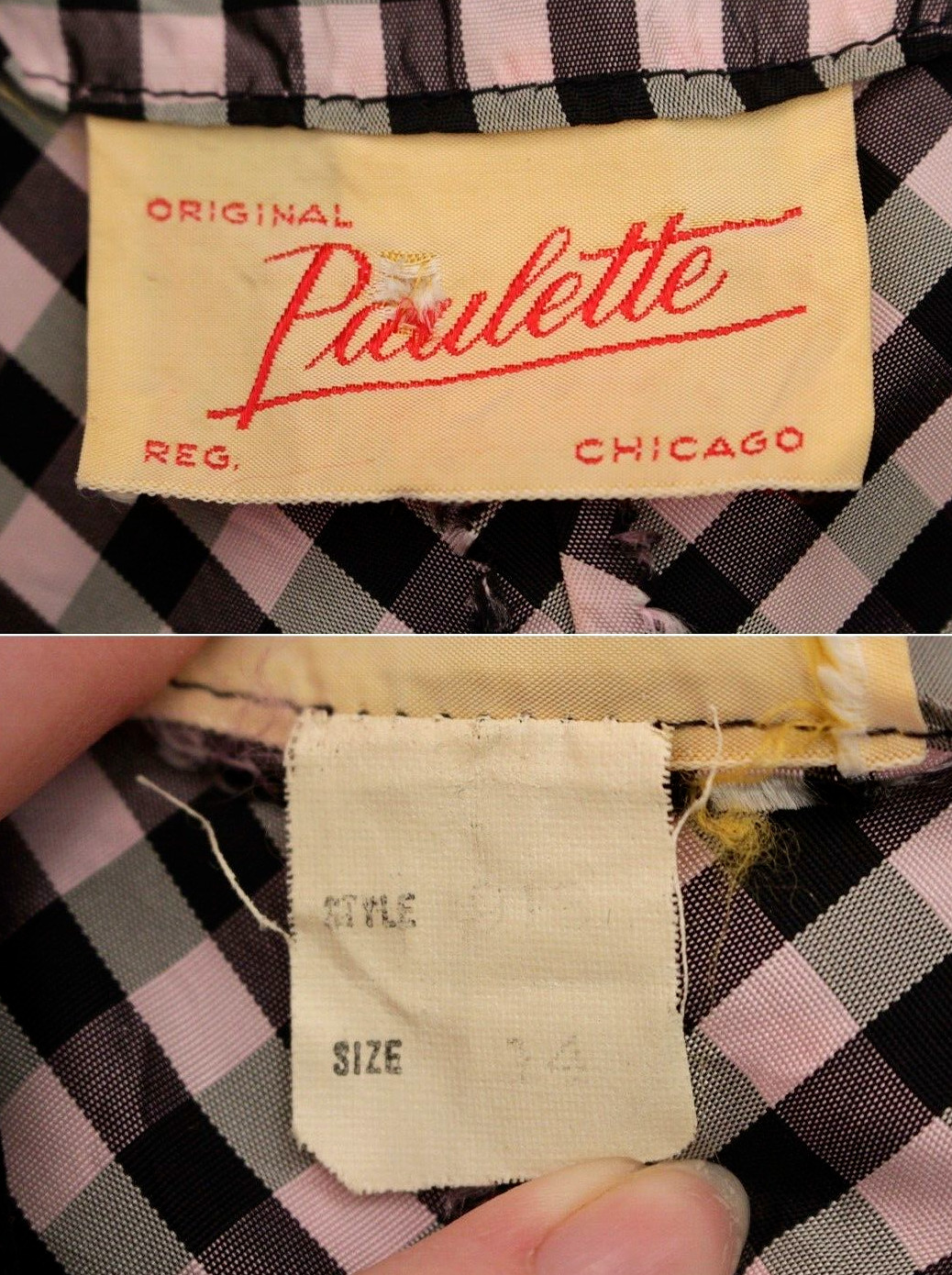 Vtg Womens 40s Black & Pink Checked Gown W/ Velvet Trim XS/S 1940s Taffeta Dress