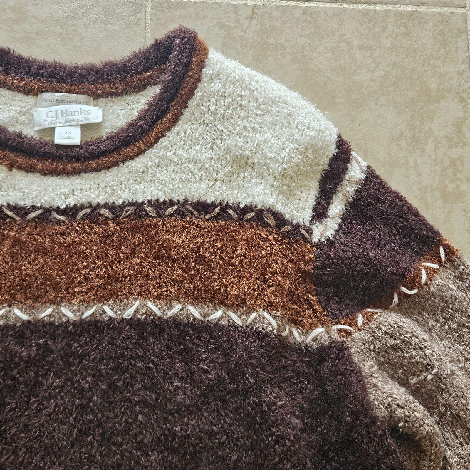 Vintage CJ Banks Sweater Womens 3X Brown White Tan Mohair Blend Fuzzy Pullover