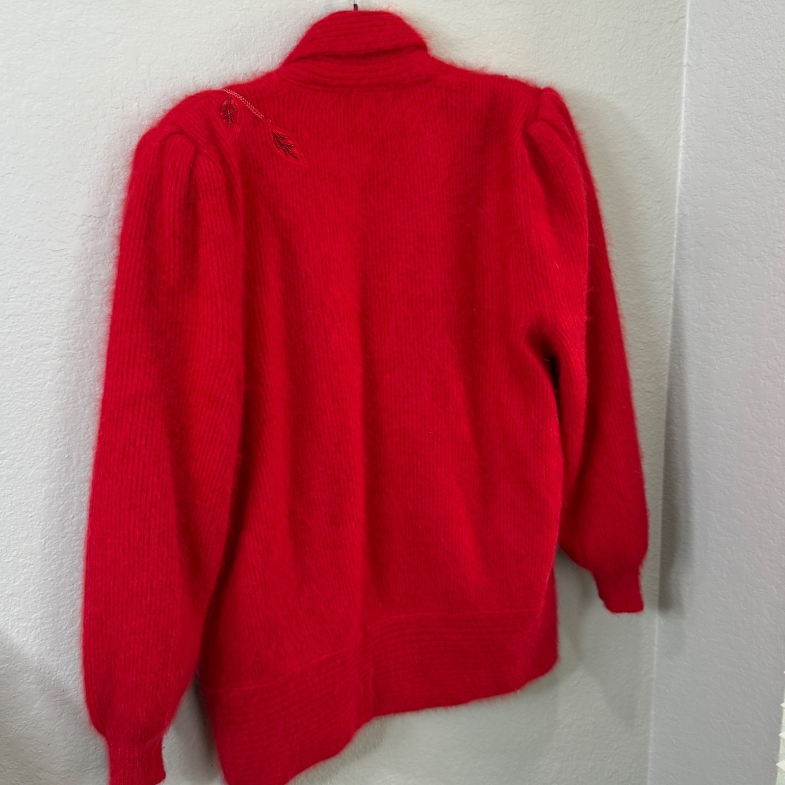 Vintage Red Fuzzy Knit Cardigan 3D Floral Beaded Rhinestone Lined Butter Soft