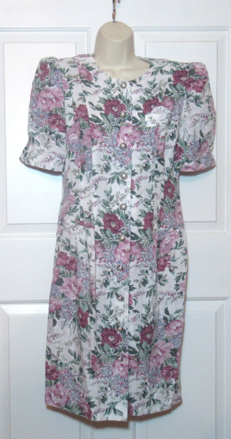 Vtg 90s Womens 8 10 Petite Jazz California Pearl Button Front Short Dress chintz