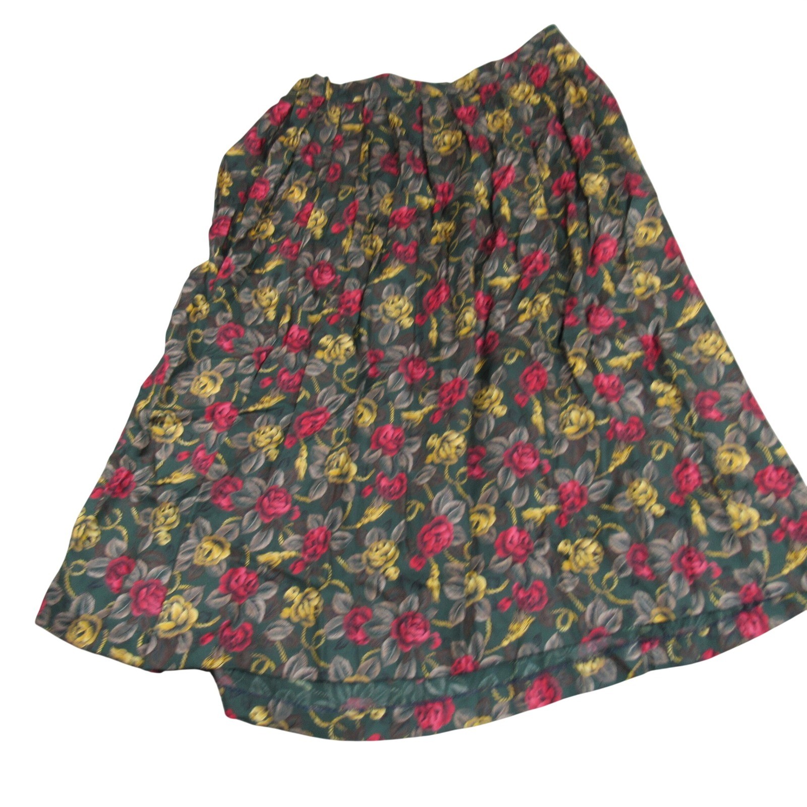 Skyr Vintage Floral Rose Midi Skirt Forest Green Red Gold Pleated A-Line Size 4