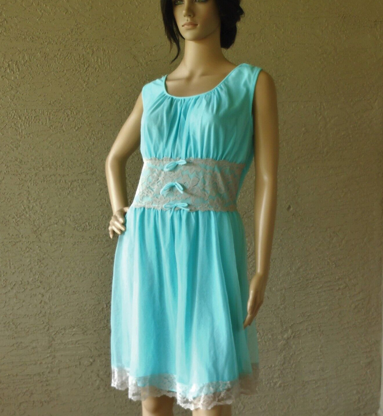 Vintage 70s Aqua Blue Nightie Size M/L Sheer Chiffon Lace Negligee Boudoir