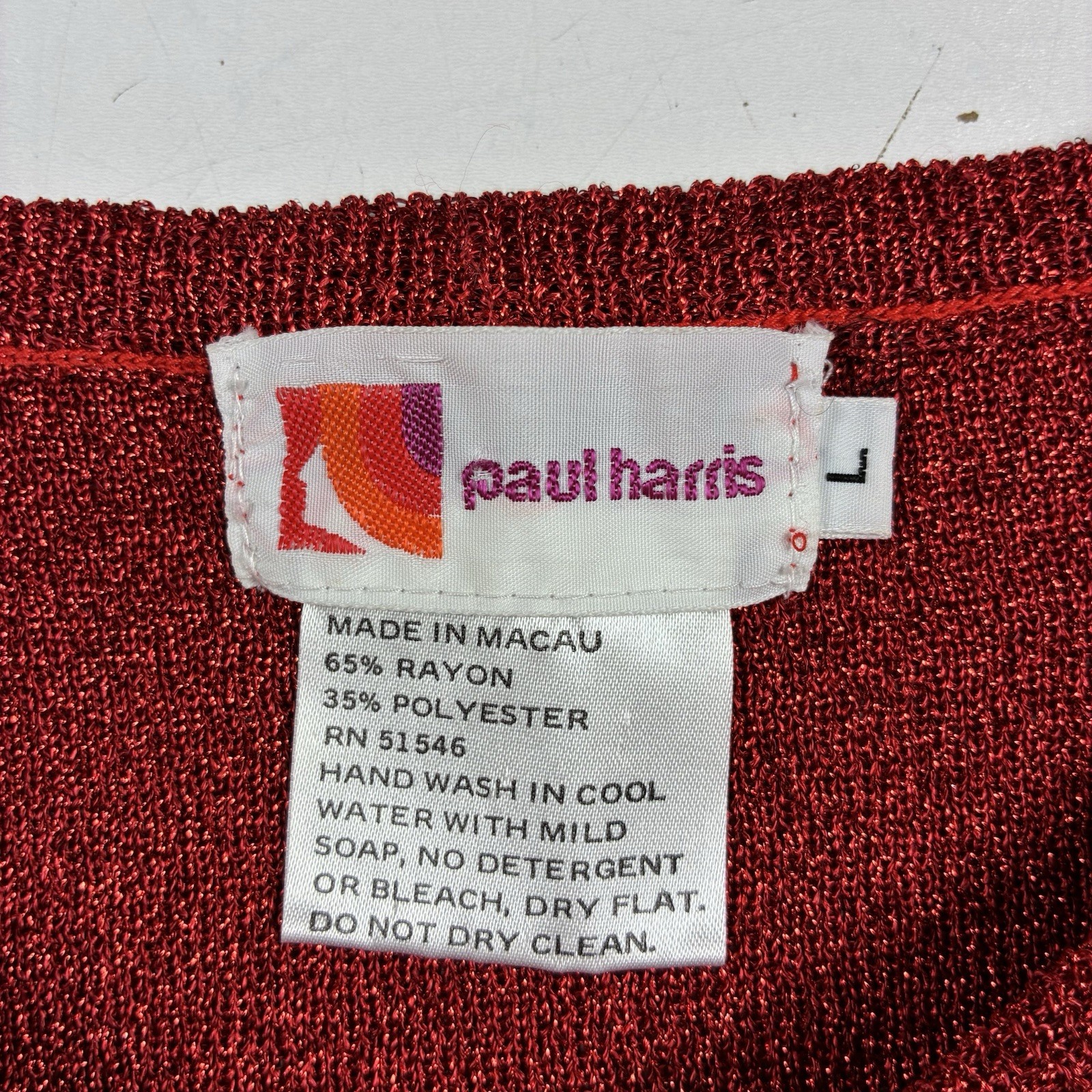 Paul Harris Women’s Vintage Red Metallic Stretchy Long Sleeve Top Holiday L