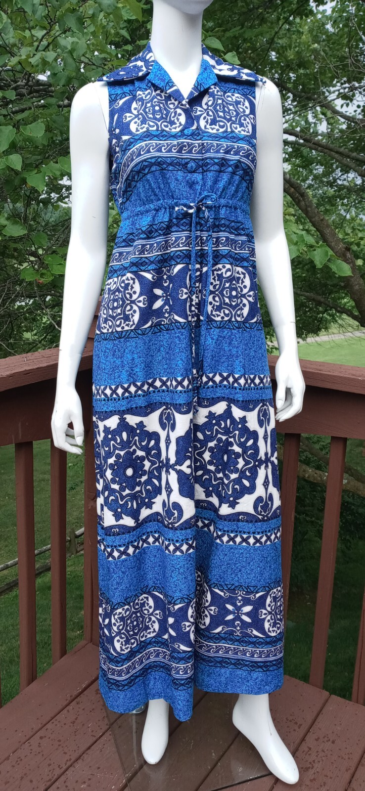 Penneys Hawaii VTG Small Barkcloth Maxi Dress Blue Tropical Sleeveless Collared