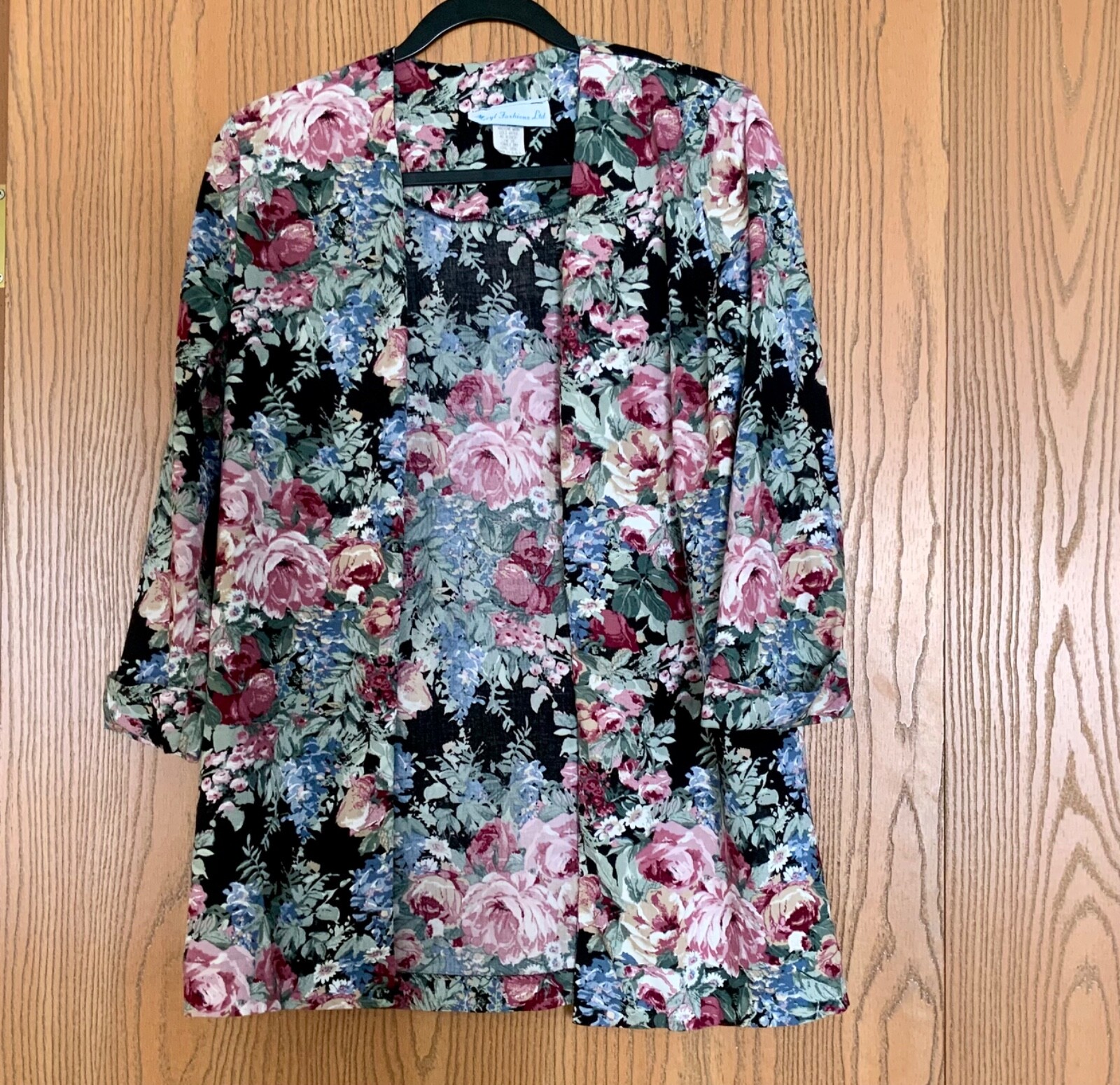 VINTAGE MERYL FASHIONS LTD FLORAL OPEN FRONT CUFFED 3/4 SLEEVE BLAZER JACKET 8