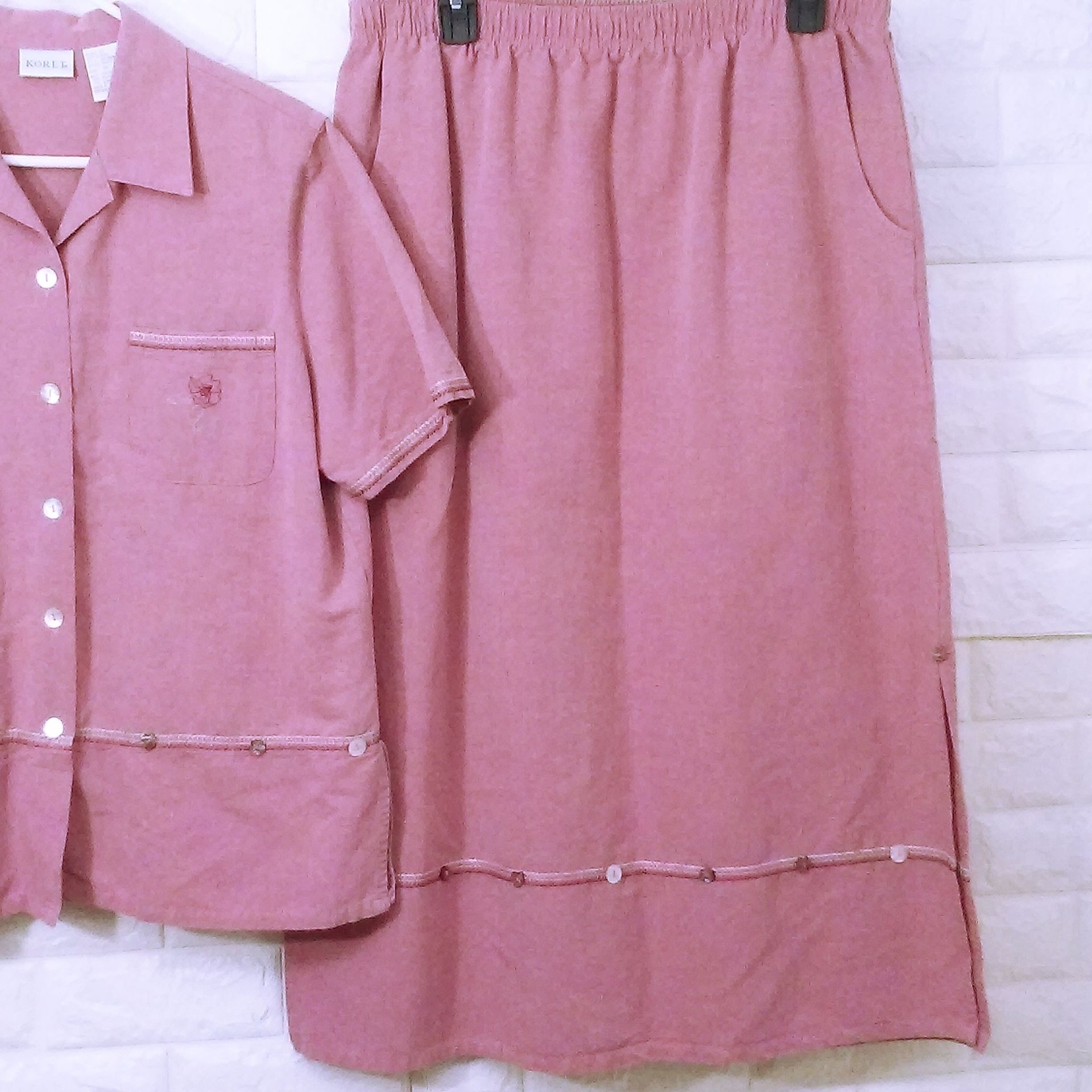 Vintage 90s Koret 2-pc Set Button-up Blouse Comfort Skirt Pockets Ladies-14/16