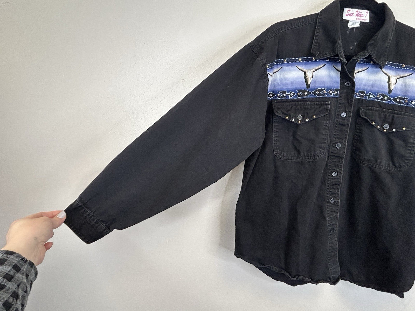Vintage 90s Women’s L Black Blue Sue Who Western Rodeo Cowboy Cowgirl Shirt Top