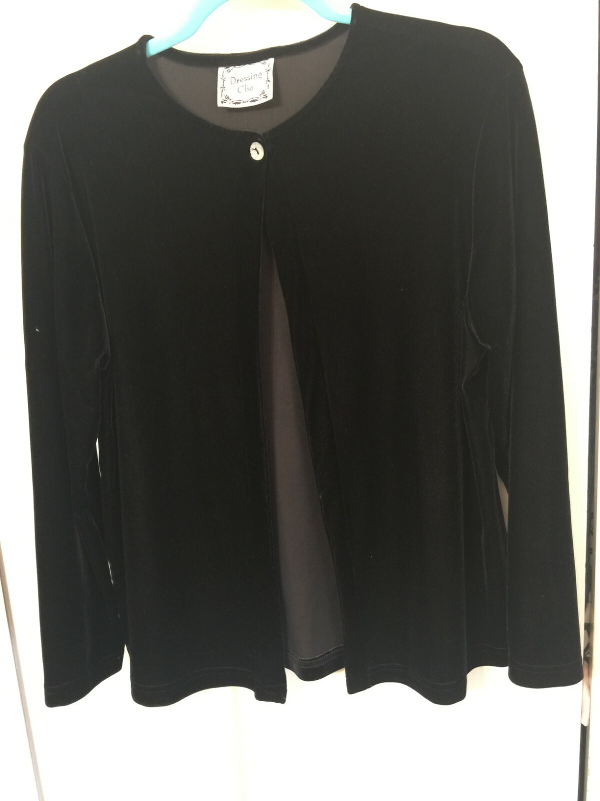 Vintage Dressing Clio black velvet stretchy one button jacket size small lg slev