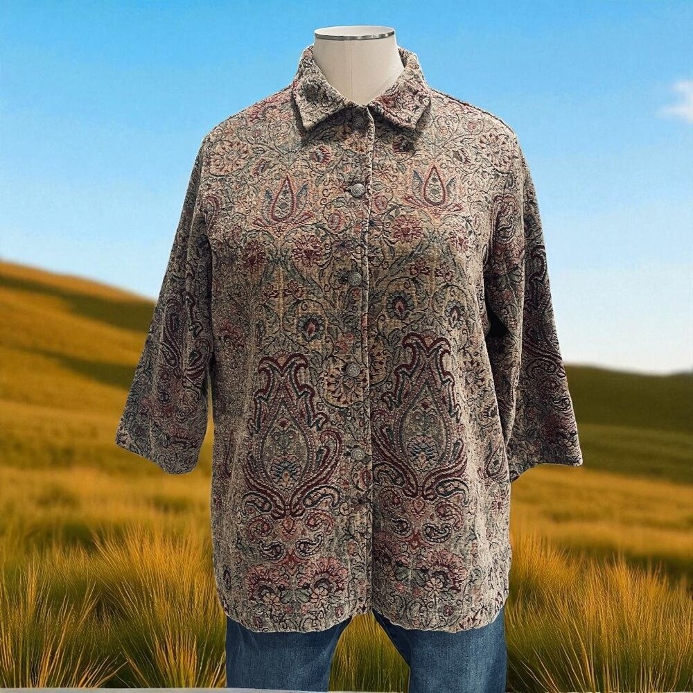 Boho Tapestry Jacket Paisley Button Front Womens Retro Cottagecore Artsy