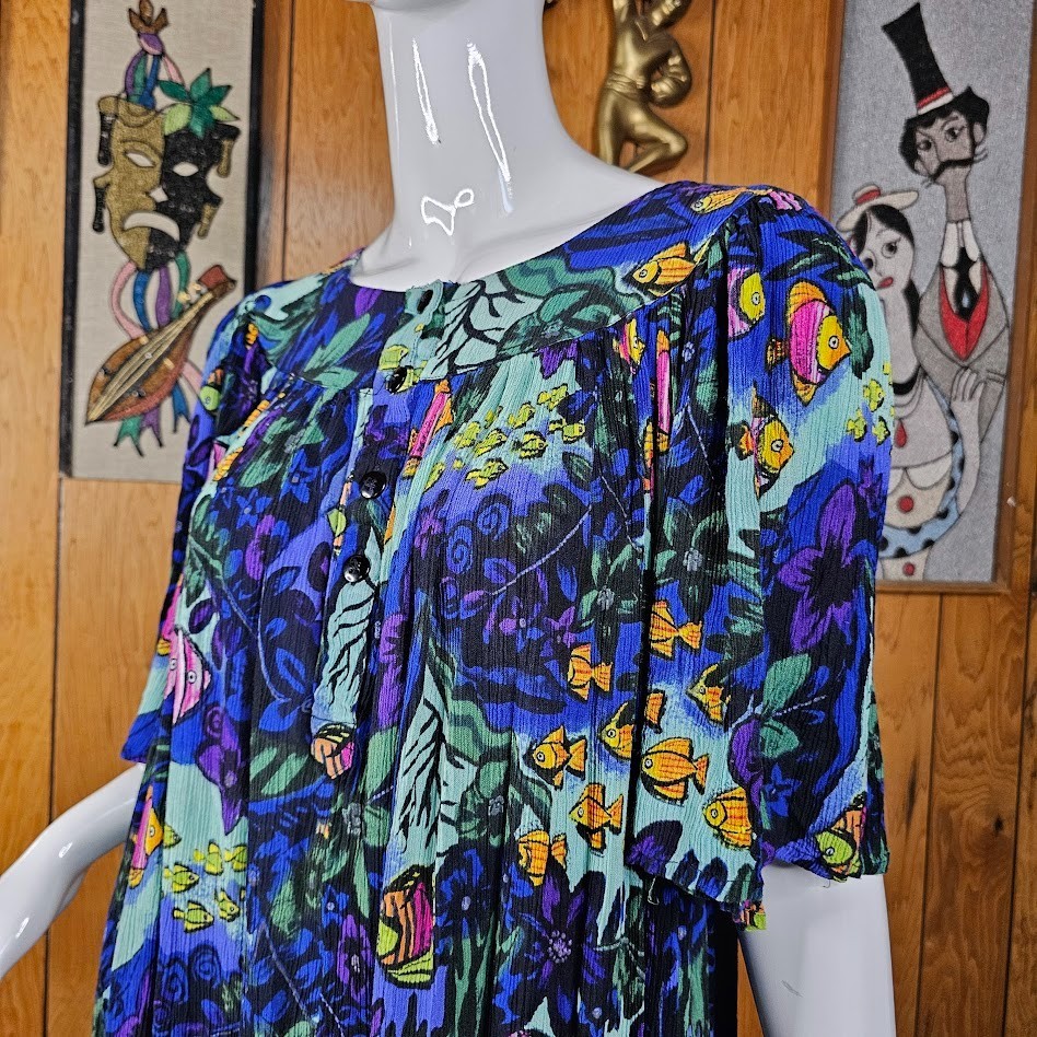 Vtg Mrs. Roper Lounge Caftan Volup Muumuu Tropical Fish Patio Pool Dress L/XL