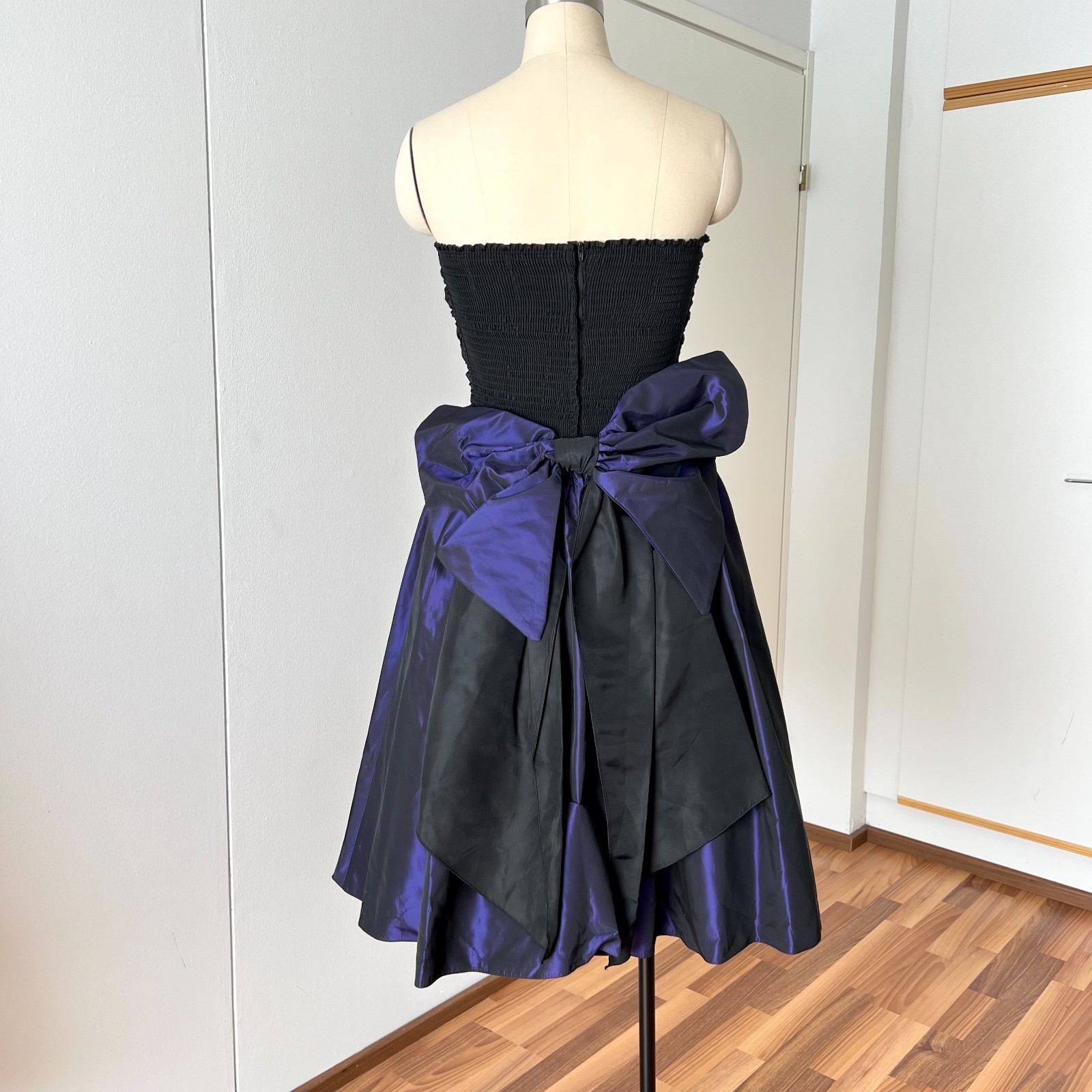 1980s Taffeta Prom Party Dress Bow Back Ruched Cocktail Strapless Gown EU 36