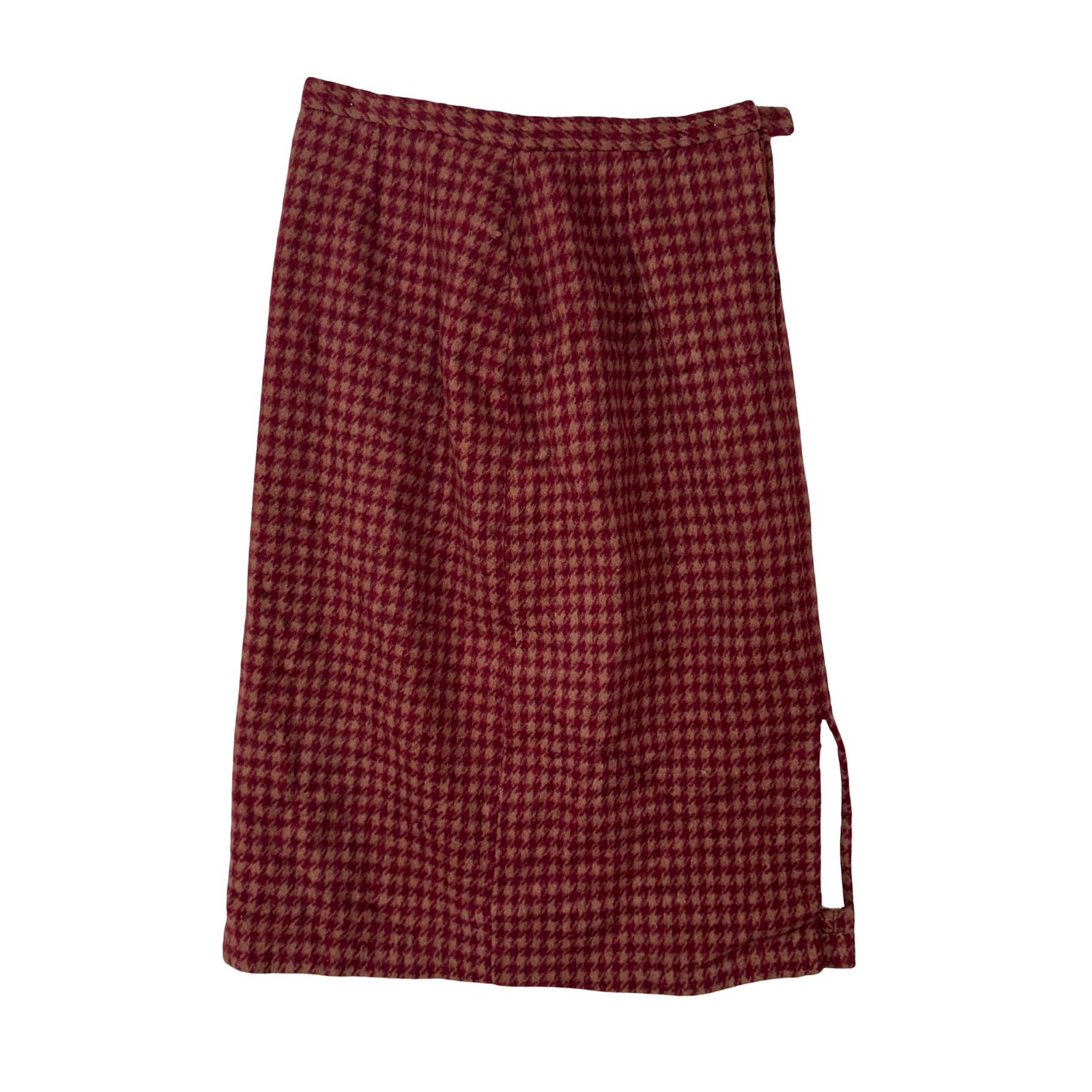 Vintage 60s Heavy Wool Houndstooth Skirt Red Camel Metal Zip 28W Medium Project