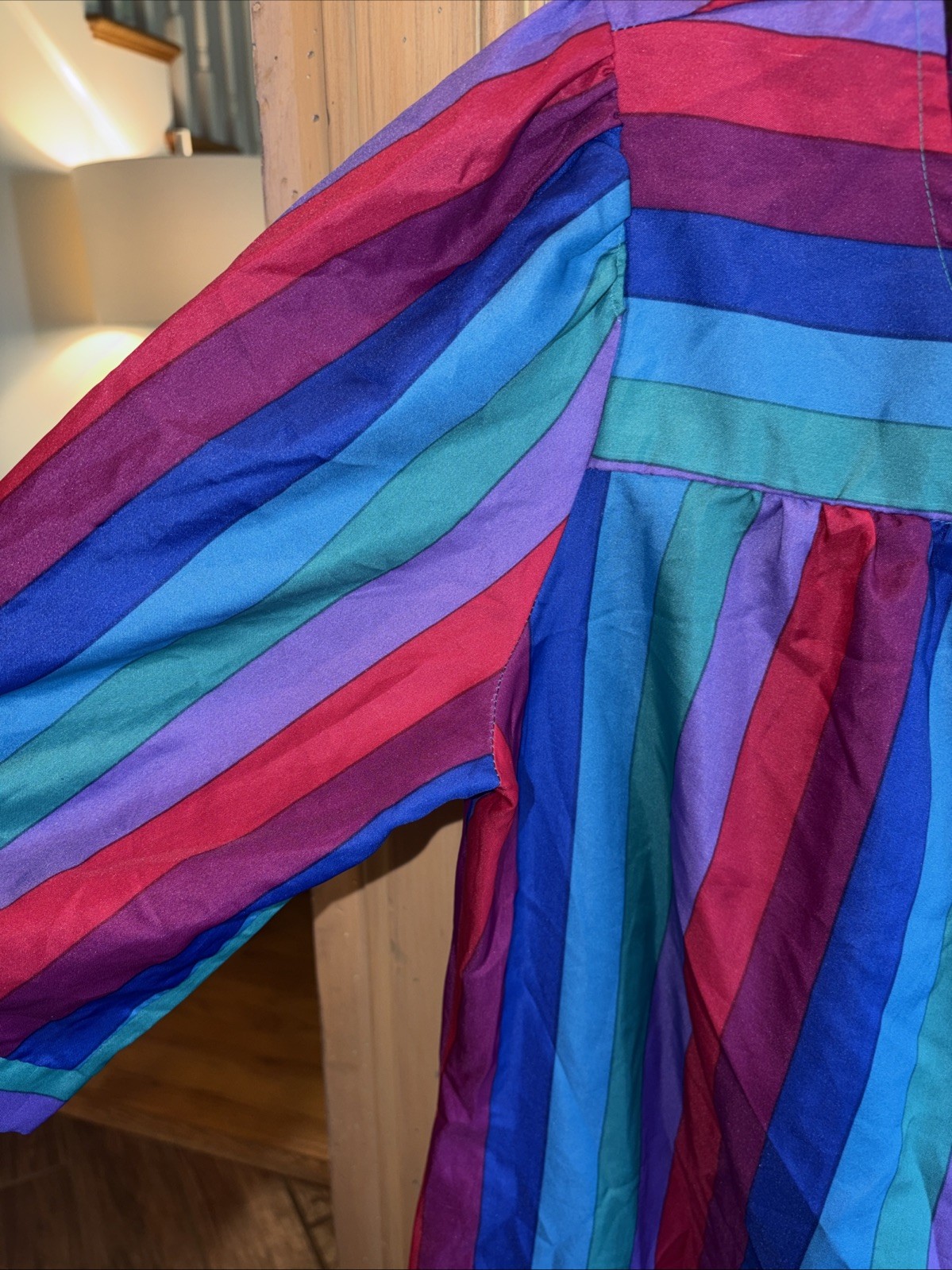 Vtg Xl 70s 80s Red Purple Blue Stripe Silky Secretary MuuMuu Style Dress ch46L44