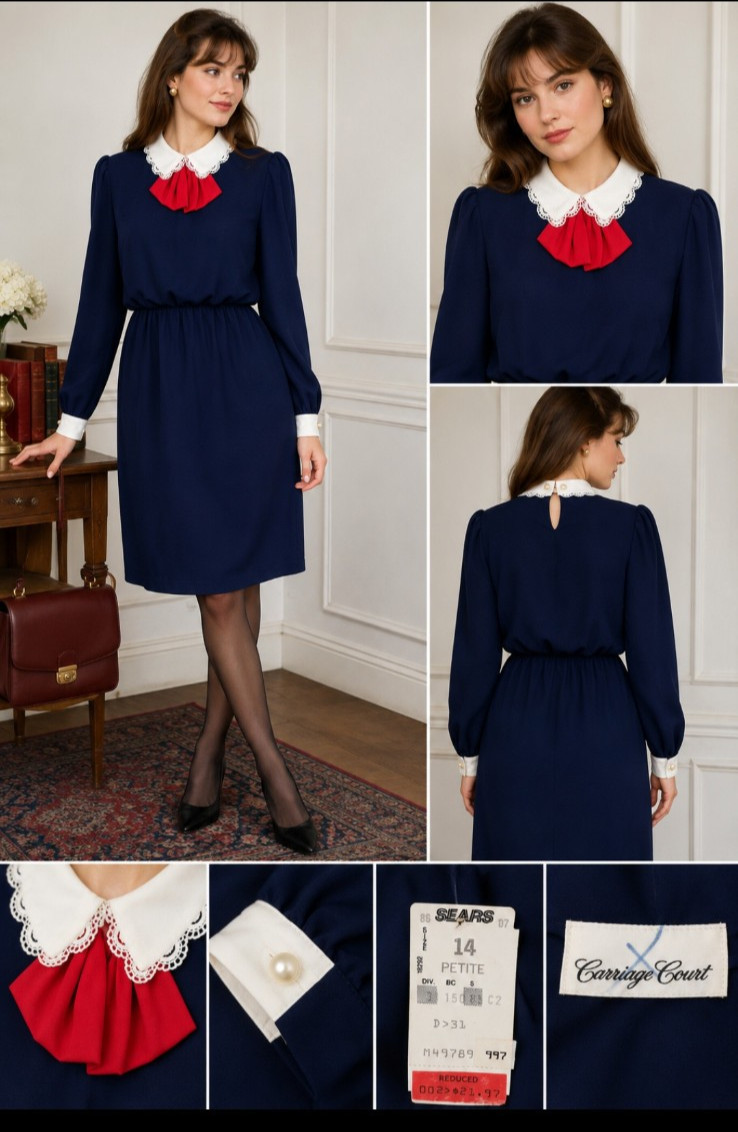 Vintage 80s Carriage Court Sears NWT Peter Pan Collar Dress Navy Petite 14 NOS