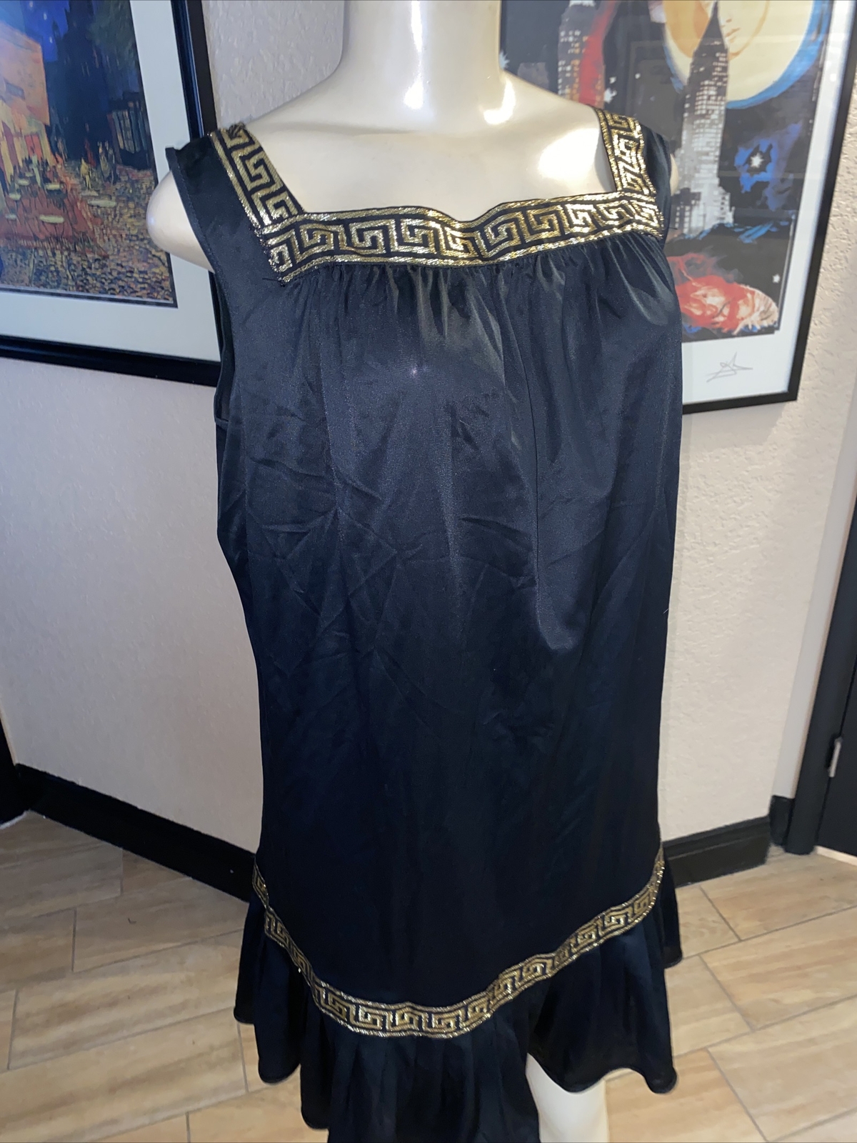 VTG Pinehurst Lingerie Greek Key Gold Metallic Trim Black Nightgown Rare LG PK1