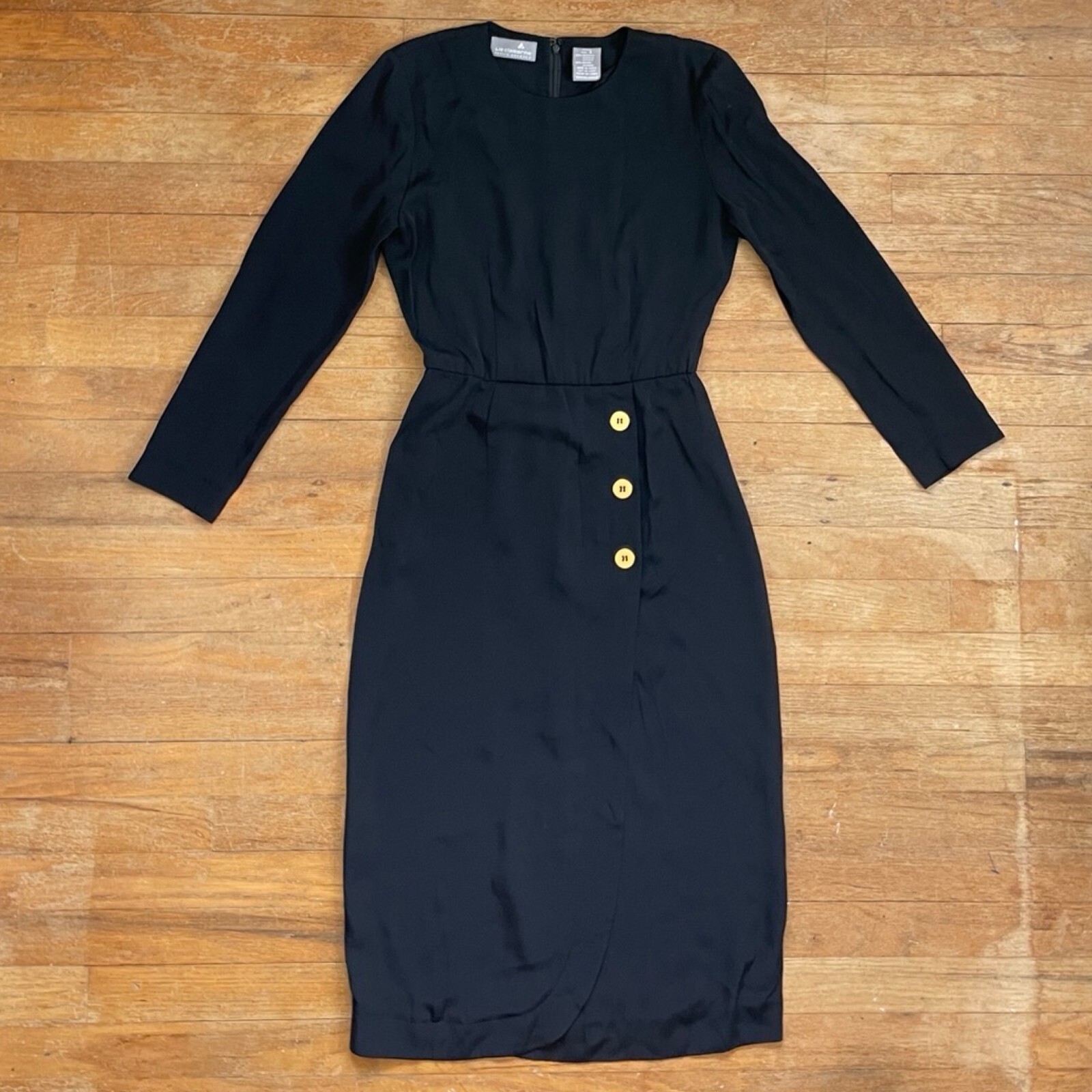 Vintage Black Sheath Dress Size XS 90s Military Style Long Sleeve Gold Buttons