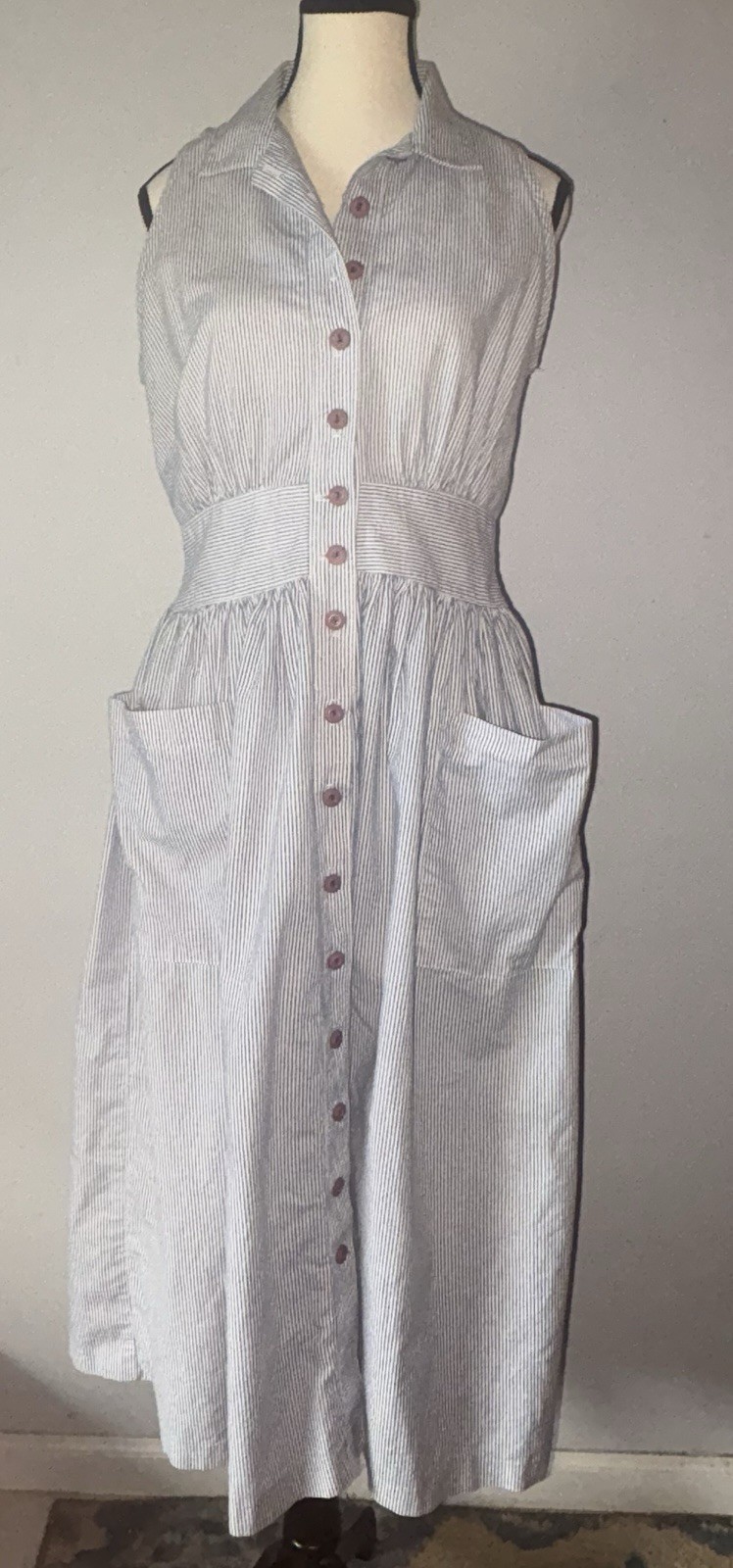 Vtg Virgo II Midi Dress Union Made Cotton Pockets Sleeveless Button Front 10