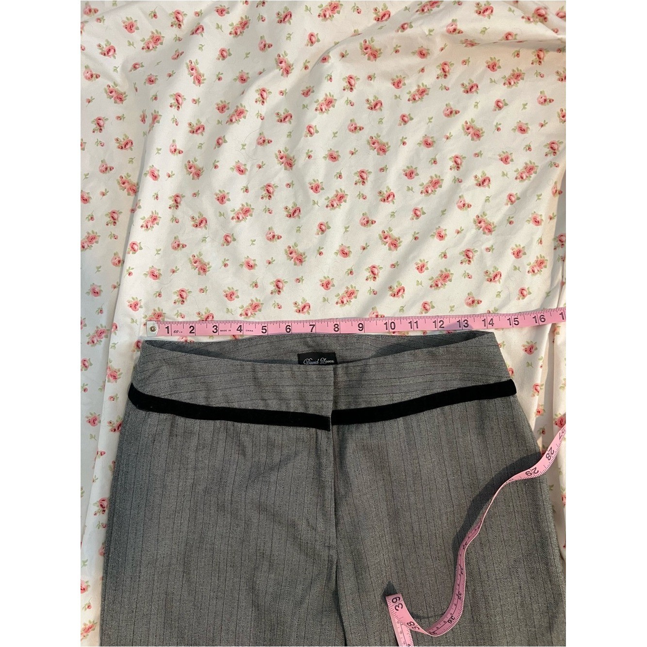 vintage y2k gray pinstripe office siren pants with black velvet waistband detail