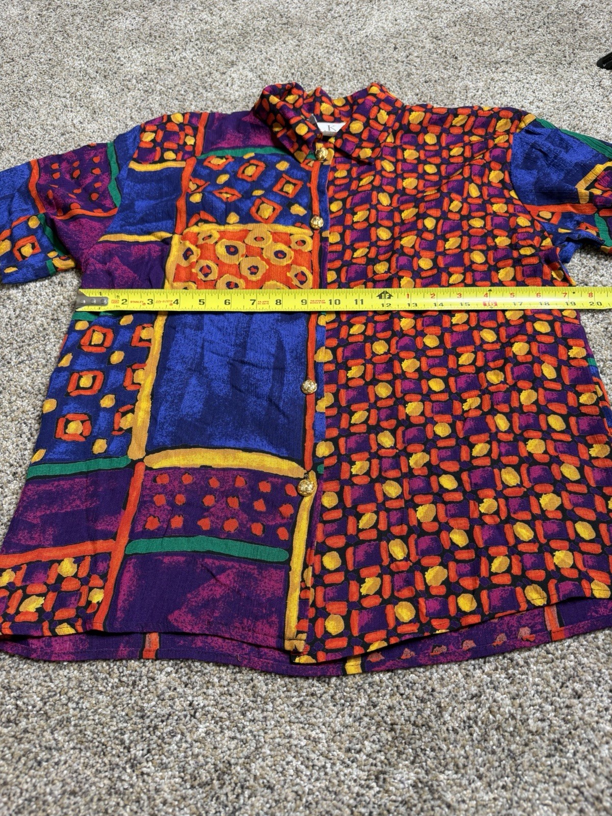Vintage Button Down Top Funky Colors USA 80s 90s Artsy Hippie Indie Sz Medium