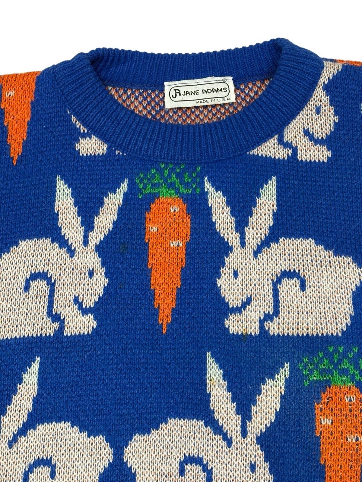 Jane Adams Bunny Carrot Knit Sweater Size M or L Acrylic Pullover Easter READ