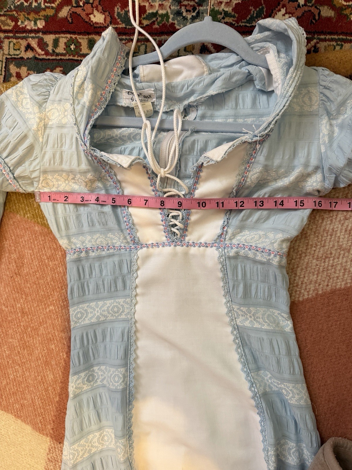 Rare White Label Gunne Sax Blue and White Hood with Blue and Pink Trim, 7