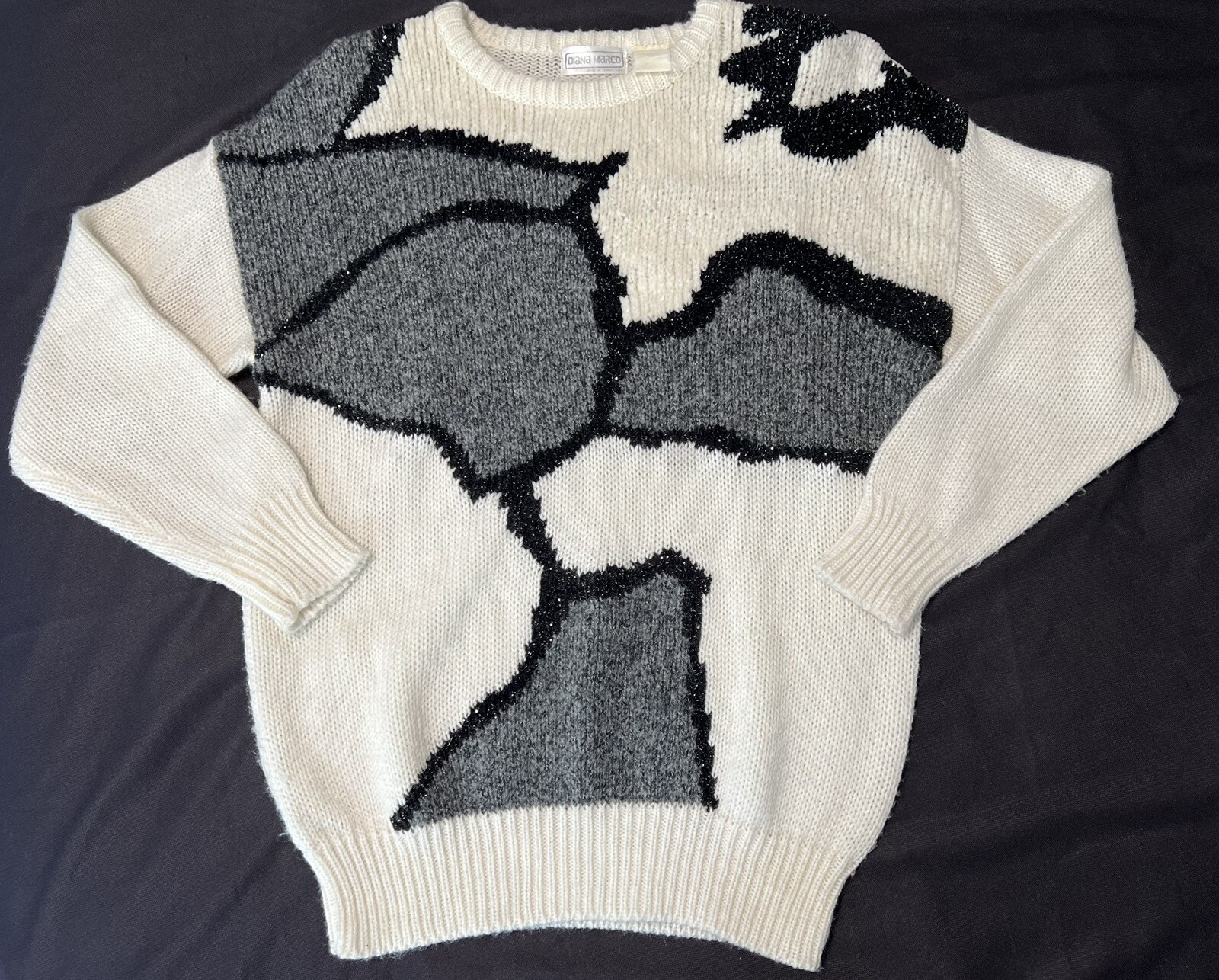 Vintage Diana Marco Sweater Womens Large Cream Gray Black Sparkle Grandma EUC