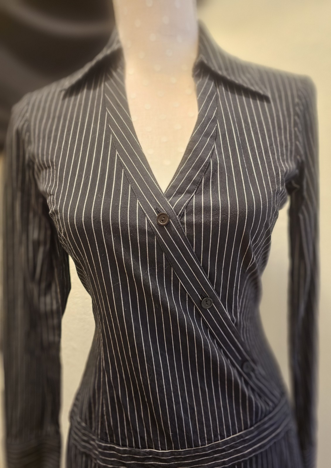 Y2K Vintage Aqua Blues Pinstripe Mini Dress Sz 5 Longsleeve Wrap dress