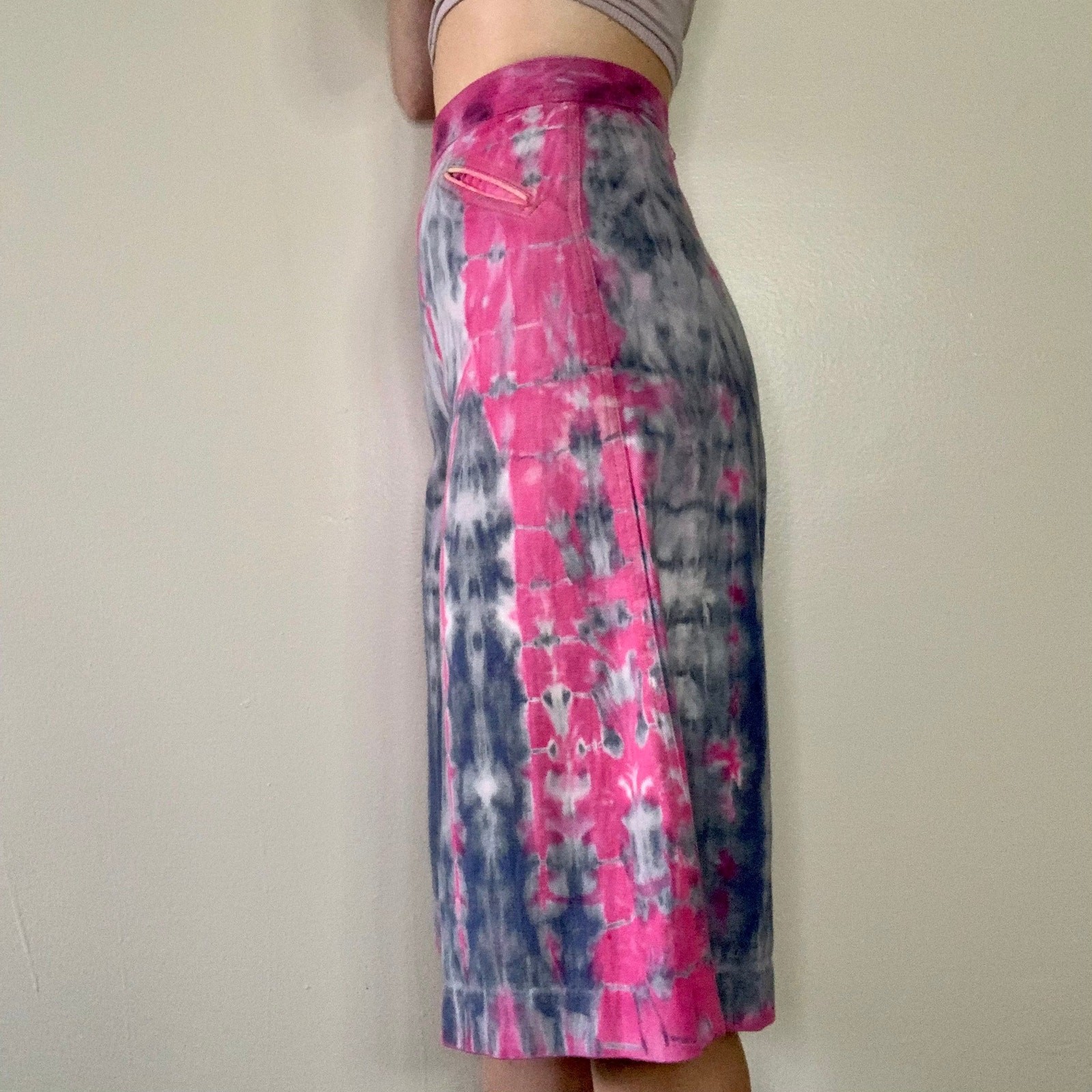 Unique Hand Dyed Vintage Shorts Culottes Blue & Pink Reverse Shibori Tie Dye