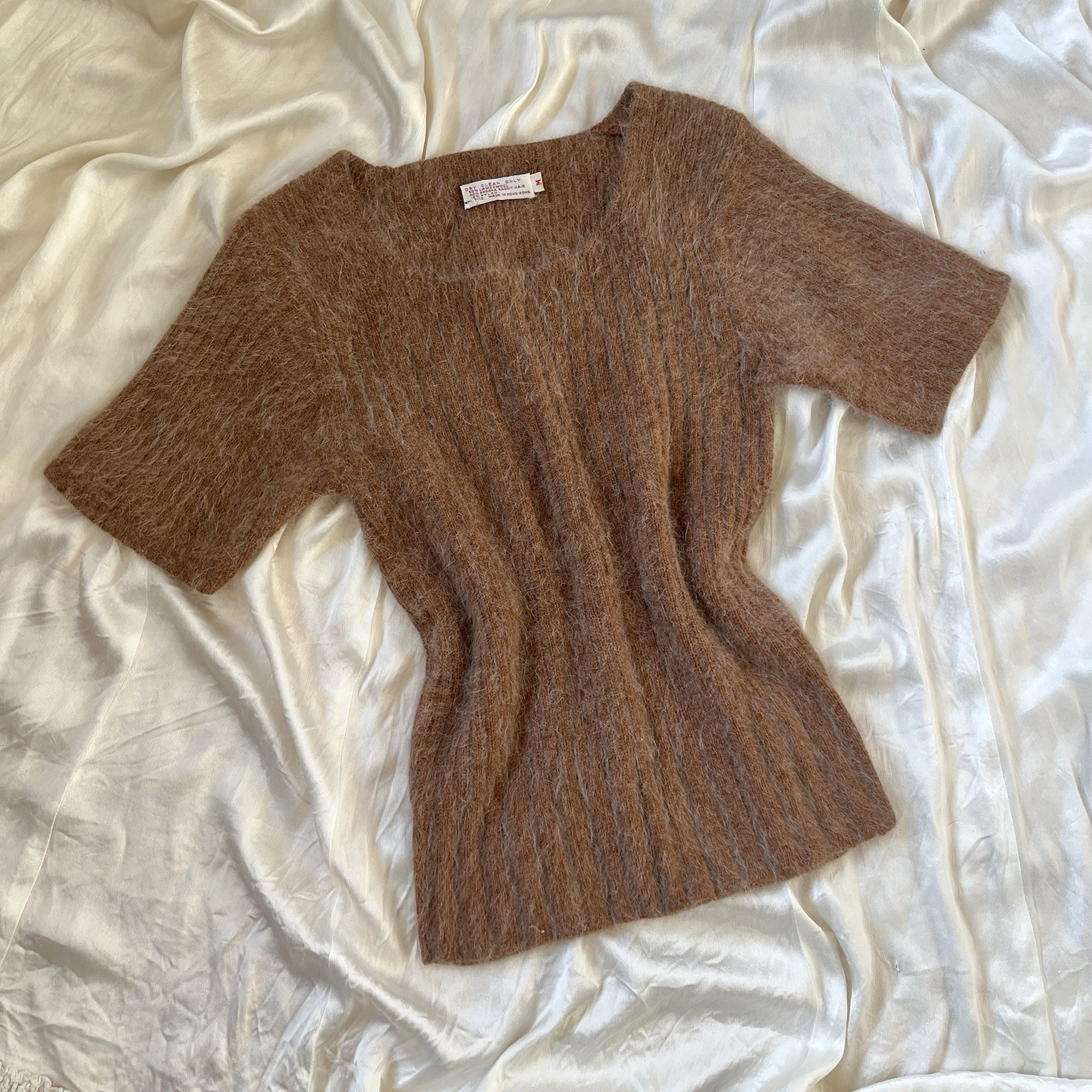 Vintage 1950s 1960s Brown Fuzzy Angora & Lambswool Knit Sweater Top Size S/M