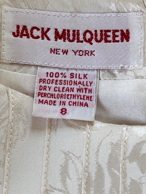 Jack Mulqueen Vtg 80’s Evening Dress Sz 8 Ivory Floral Jaquard Silk Drop Waist