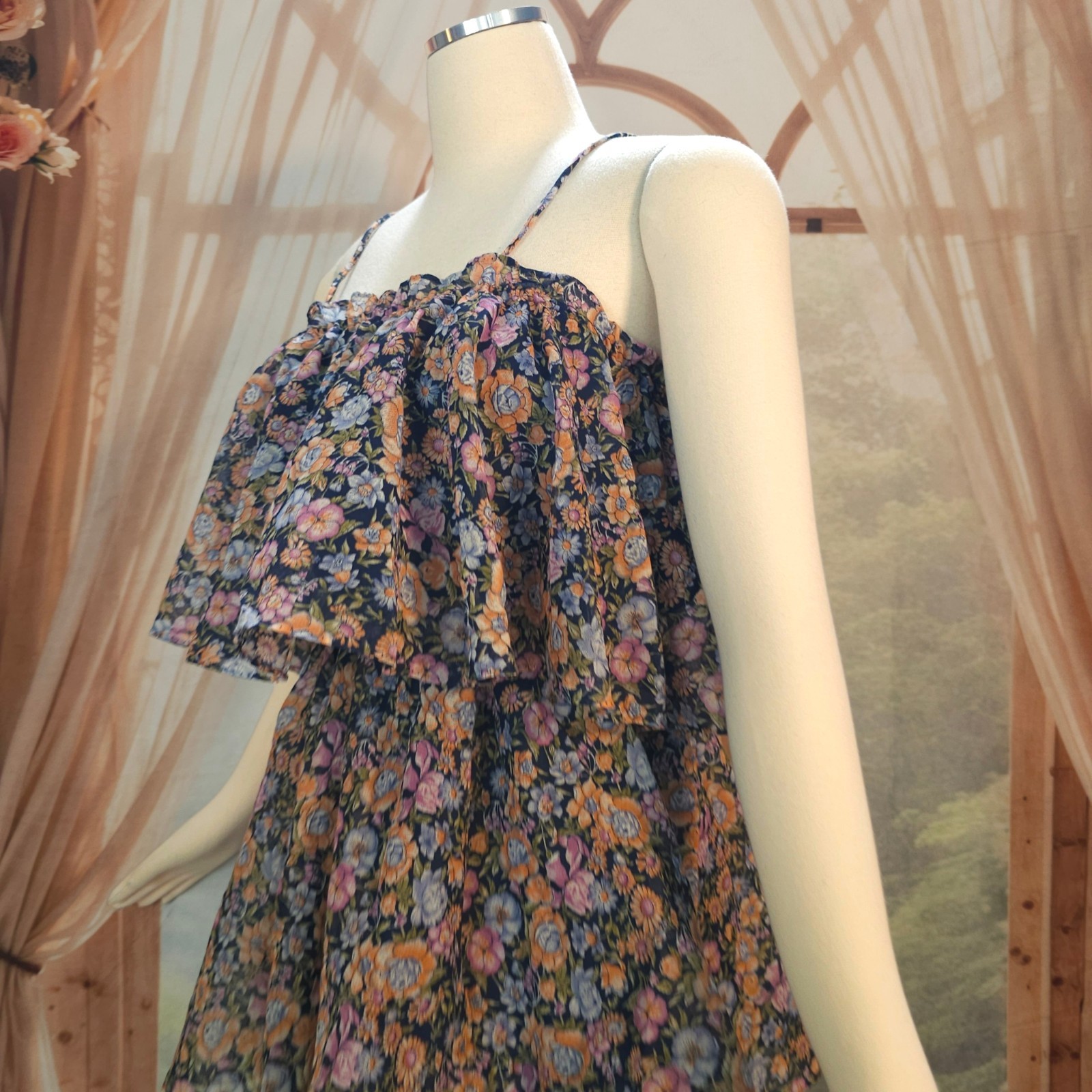 Vintage 1970s Dress Tiered Sundress Spaghetti Straps Muted Floral Samuel Blue