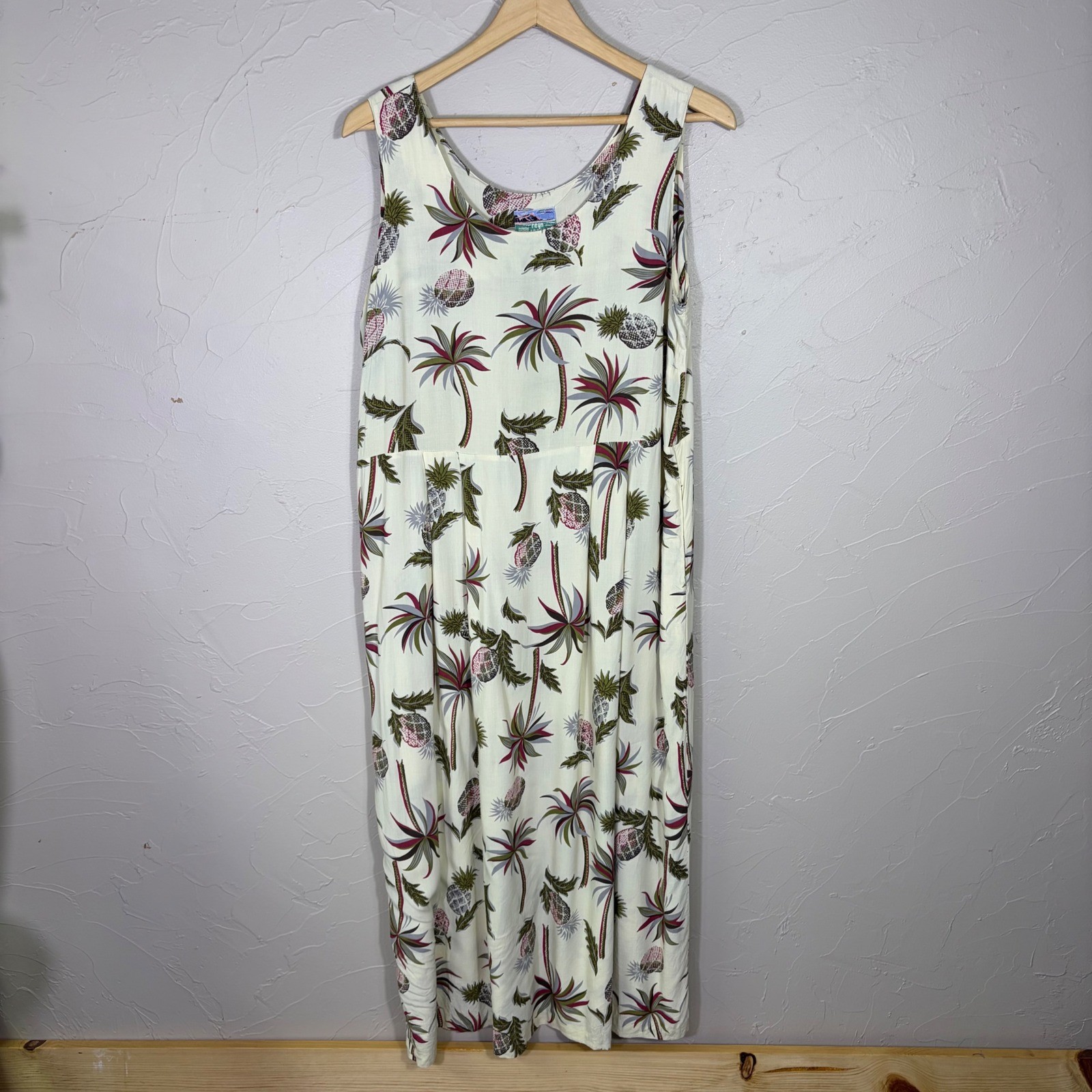Vintage Reyn Spooner Dress Womens L Hawaiian Palm Pineapple Rayon Maxi Tropical