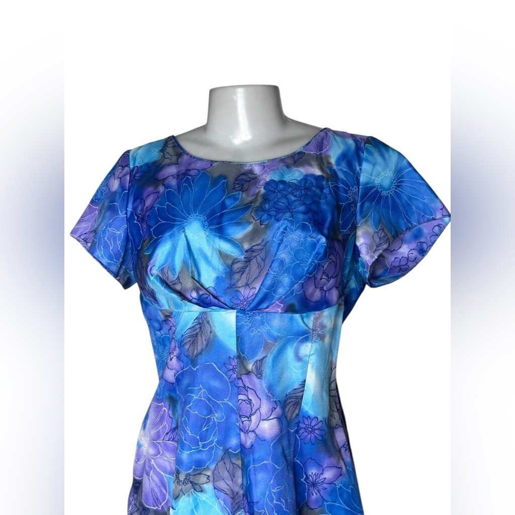 VTG 70s Sun Fashions of Hawaii Floral Muumuu Dress Blue Purple Maxi Aloha Gown
