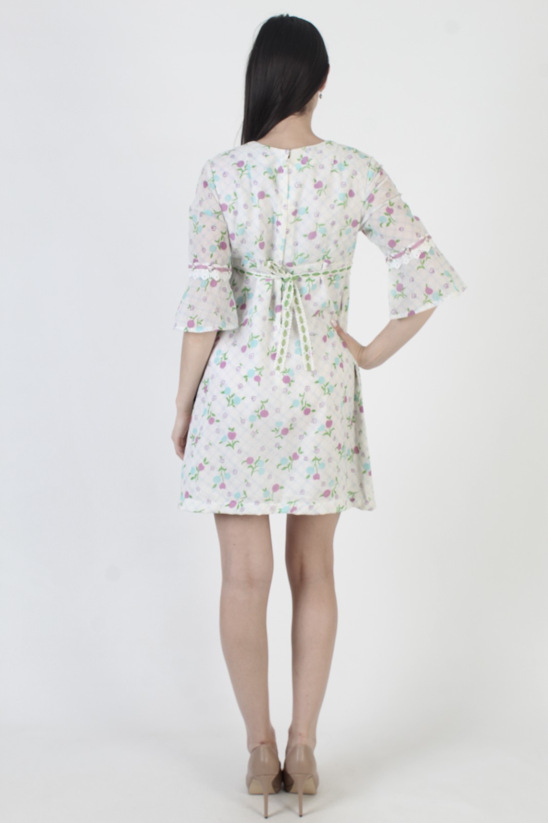 Vtg 70s White Fruit Print Dress High Waist Bell Sleeve Prairie Cottage Mini
