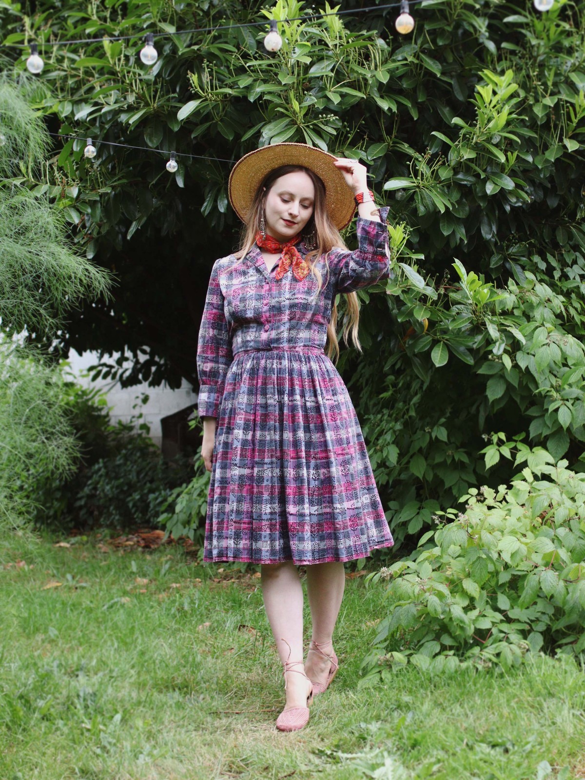VTG 1950s Shirt Dress Madras Plaid Cotton Indian Tapestry Block printed Collared