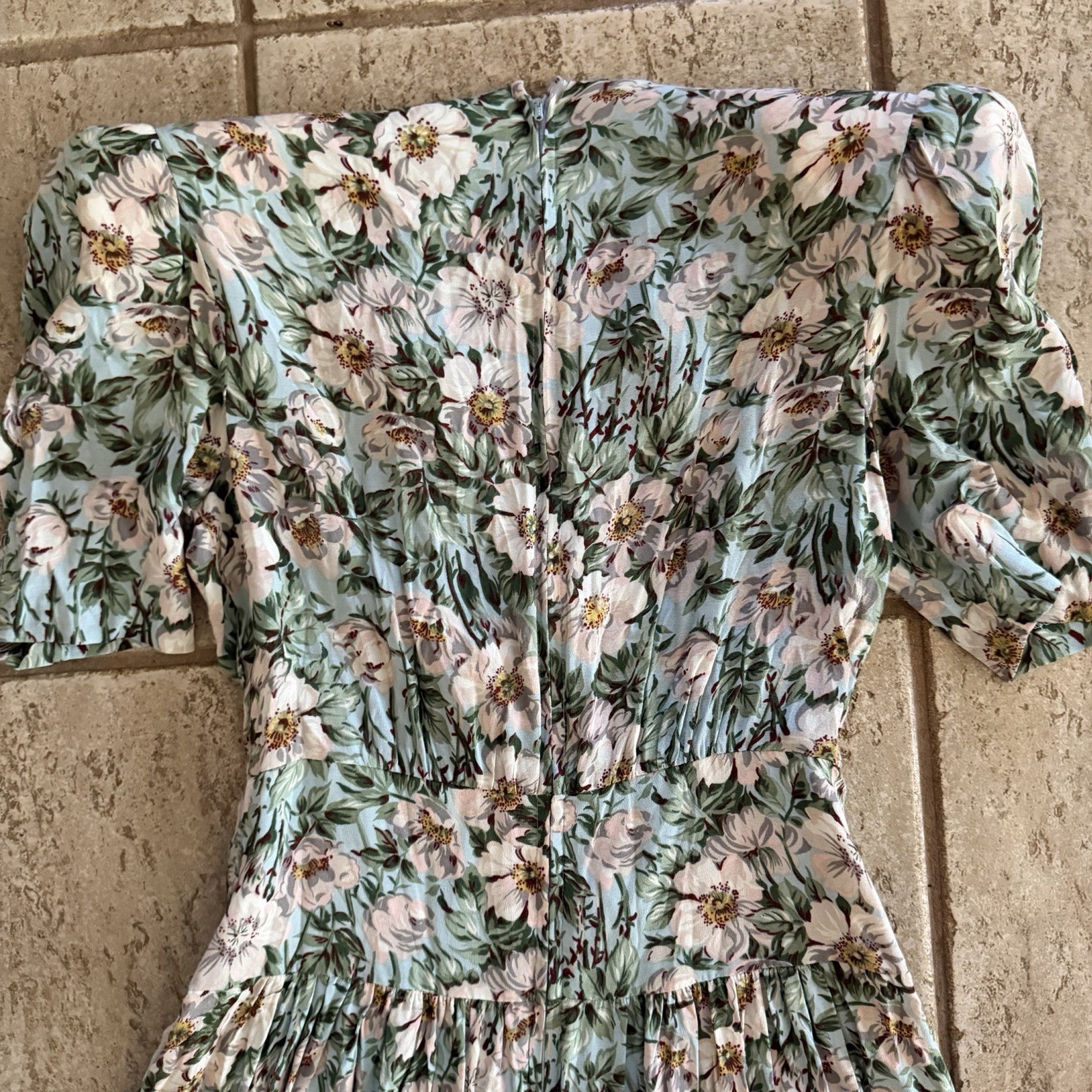 80s Cottagecore Sz 6 Prairie Dress Lace Collar Mint Floral Secretary Vintage