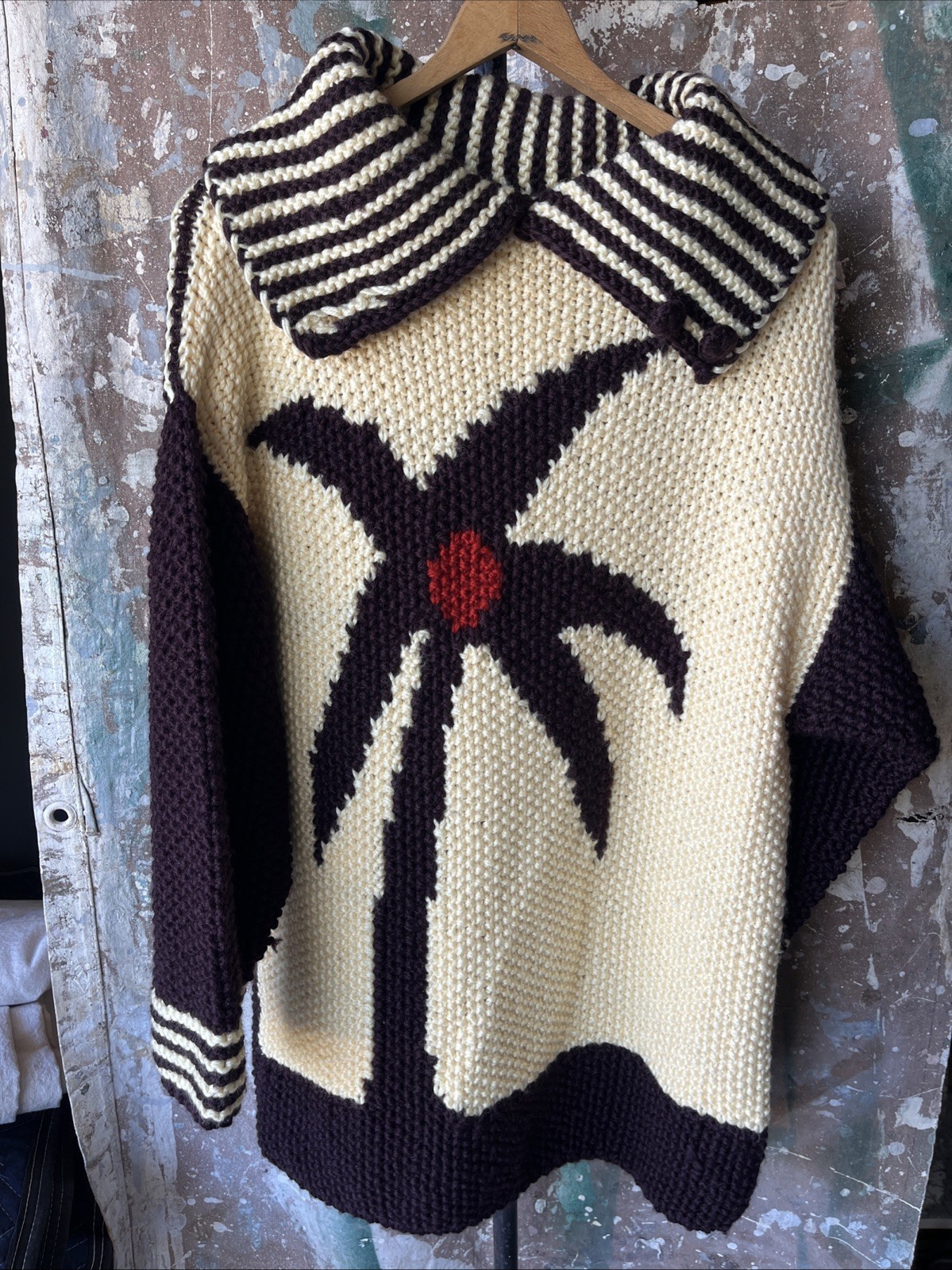 Vintage 1930’s, 1940’s Knit Shawl Sweater Pictorial Palm Tree Geometric